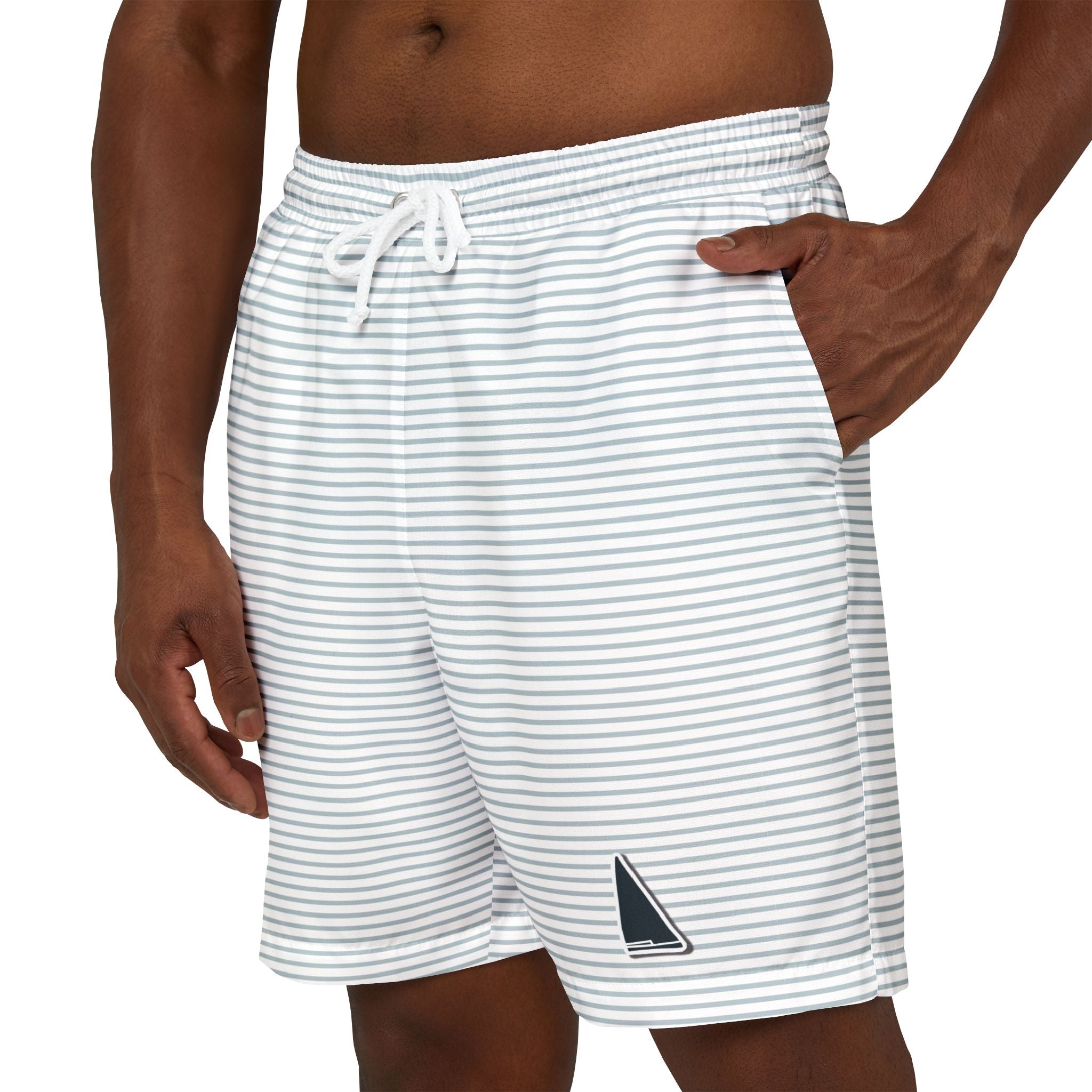 Nantucket Island Mens Swim Shorts. Nantucketcloth Ocean Blue and White Stripped with Pockets.