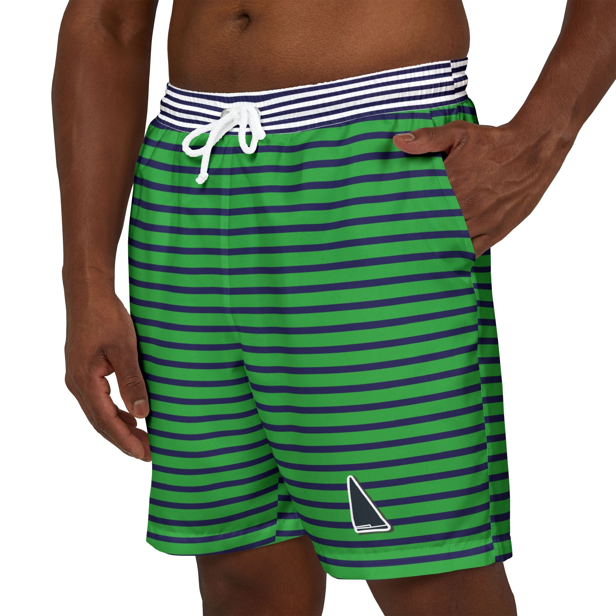 Nantucket Island Mens Swim Shorts. Nantucketcloth Navy Blue and Green Stripped with Pockets.