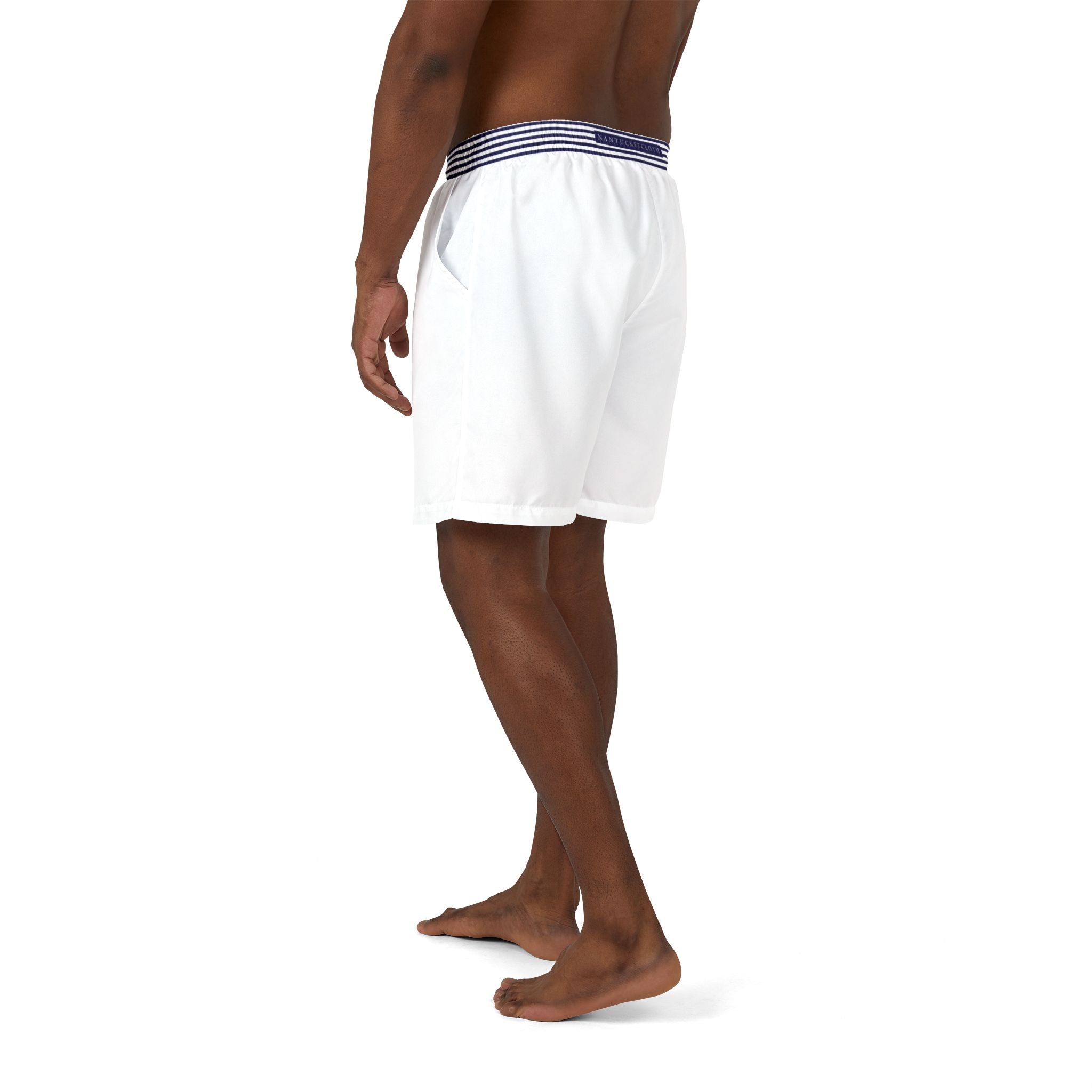 Nantucket Island Mens Swim Shorts. Nantucketcloth Navy Blue Nautical Stripped Belt on White with Pockets.