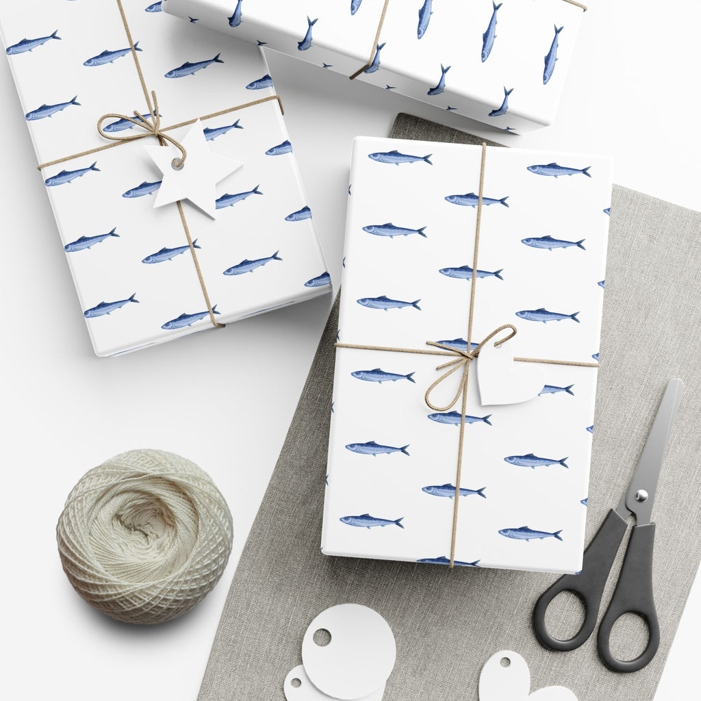 Nantucket Stroll Nantucketcloth Christmas Holiday Oceanblue white  with fish Gift Wrap Paper