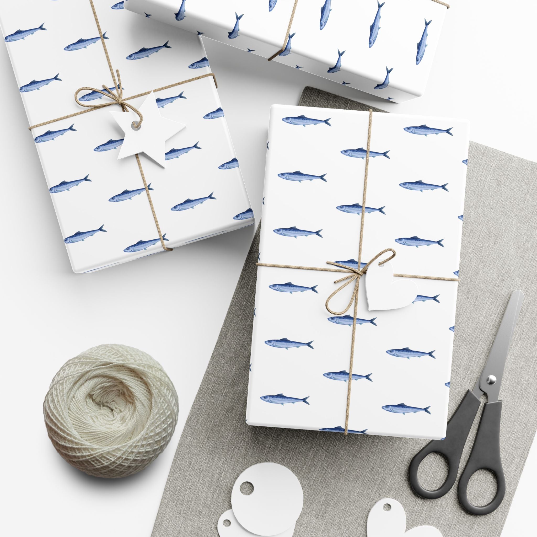 Nantucket Stroll Nantucketcloth Christmas Holiday Oceanblue white  with fish Gift Wrap Paper
