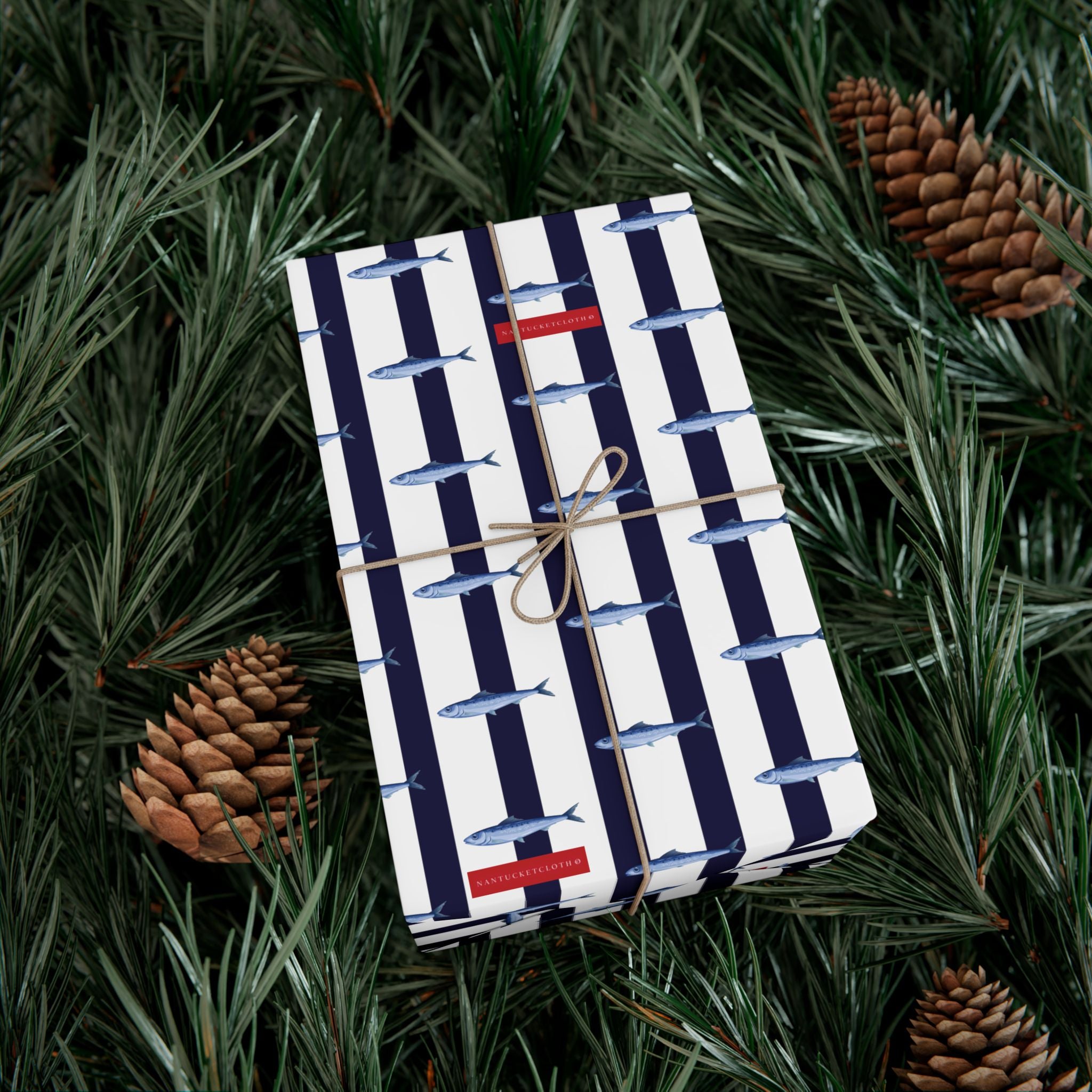 Nantucket Stroll Nantucketcloth Christmas Holiday Oceanblue white stripe with fish Gift Wrap Paper