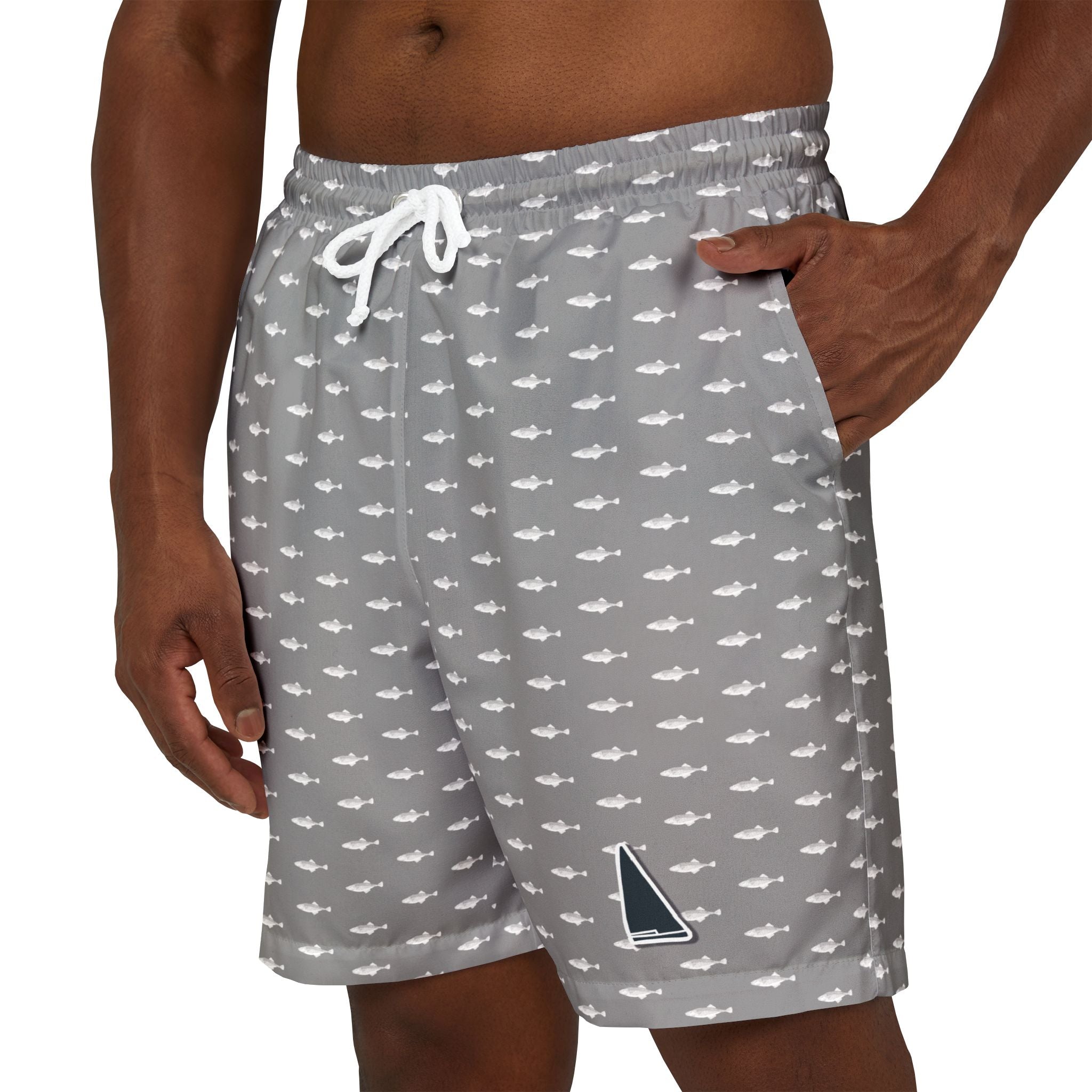 Nantucket Island Nautical Jaws Mens Swim Shorts, with Pockets. Nantucketcloth Shark Grey