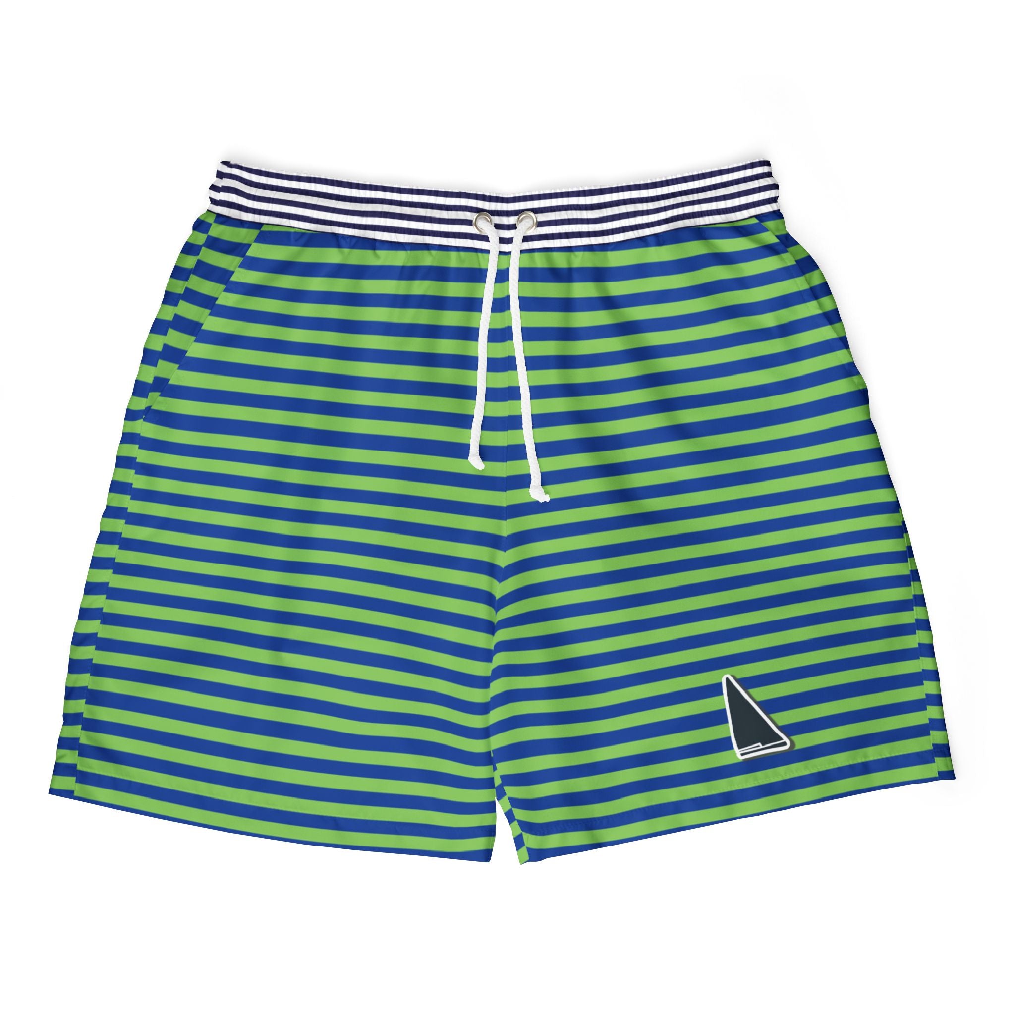 Nantucket Island Mens Swim Shorts. Nantucketcloth Green Nautical Stripe with blue and white stripe waist with. Pockets.