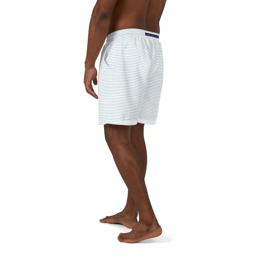 Nantucket Island Mens Swim Shorts. Nantucketcloth Ocean Blue and White Stripped with Pockets.