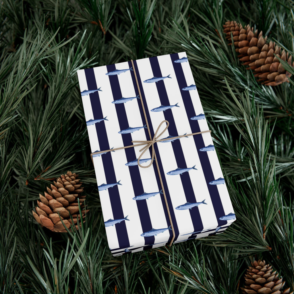 Nantucket Stroll Nantucketcloth Christmas Holiday Oceanblue white stripe with fish Gift Wrap Paper
