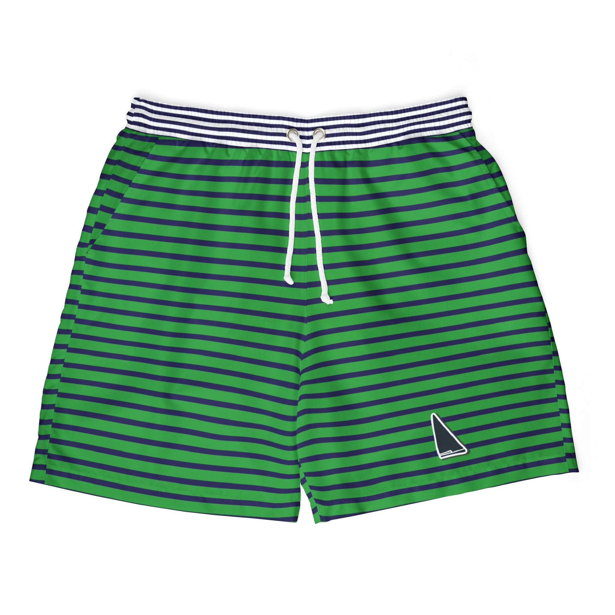 Nantucket Island Mens Swim Shorts. Nantucketcloth Navy Blue and Green Stripped with Pockets.