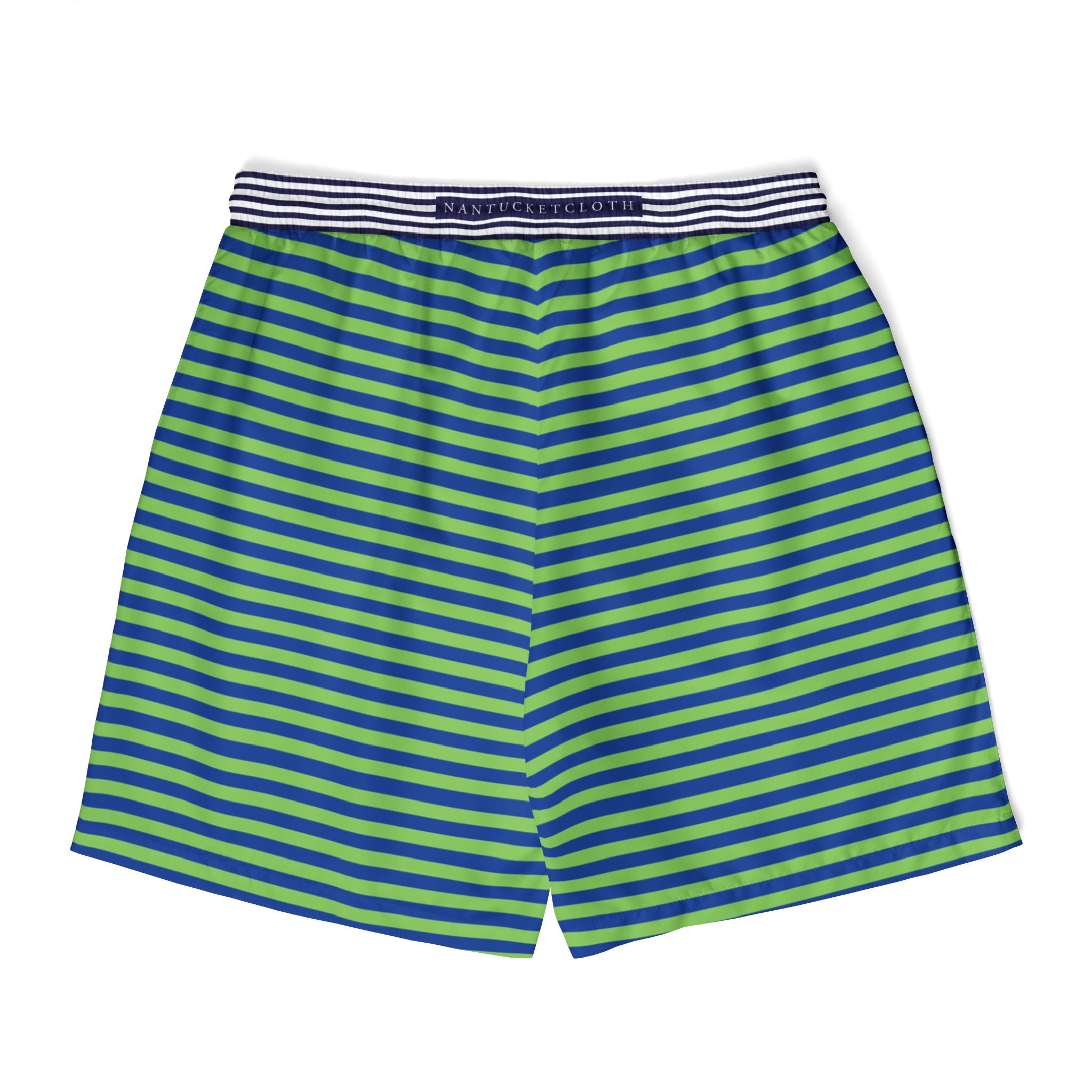 Nantucket Island Mens Swim Shorts. Nantucketcloth Green Nautical Stripe with blue and white stripe waist with. Pockets.
