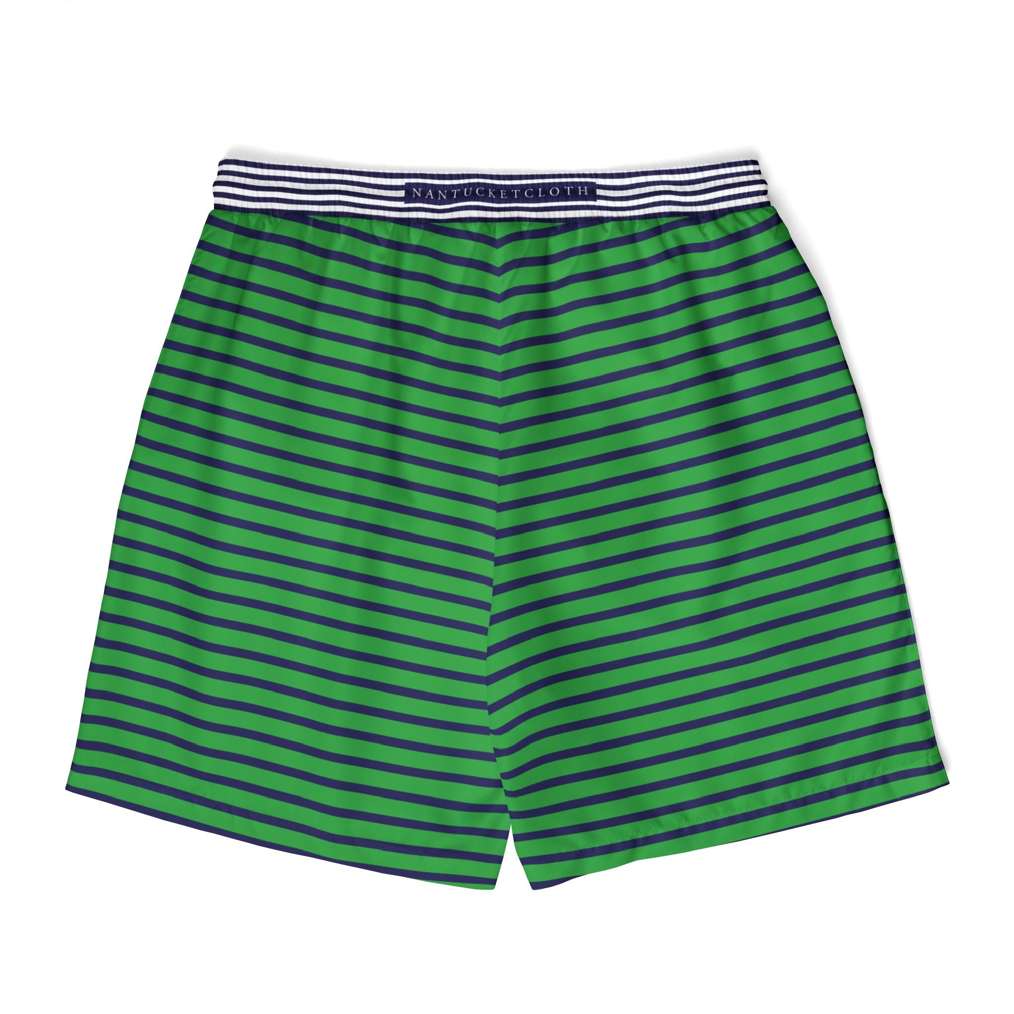 Nantucket Island Mens Swim Shorts. Nantucketcloth Navy Blue and Green Stripped with Pockets.