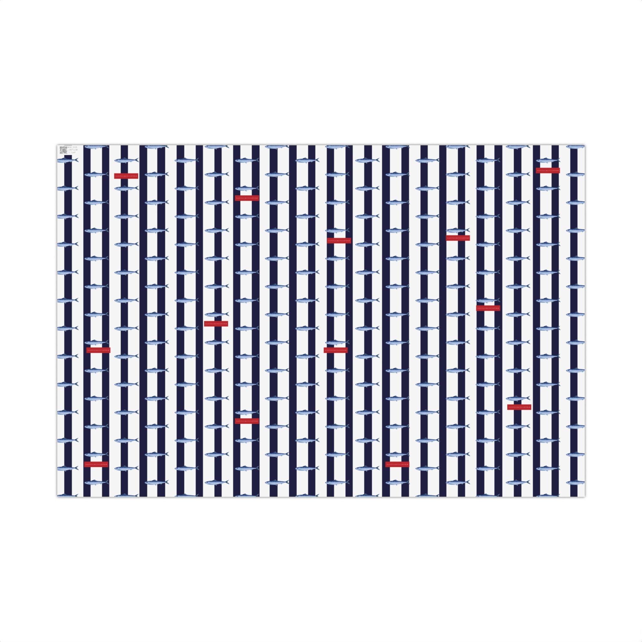 Nantucket Stroll Nantucketcloth Christmas Holiday Oceanblue white stripe with fish Gift Wrap Paper