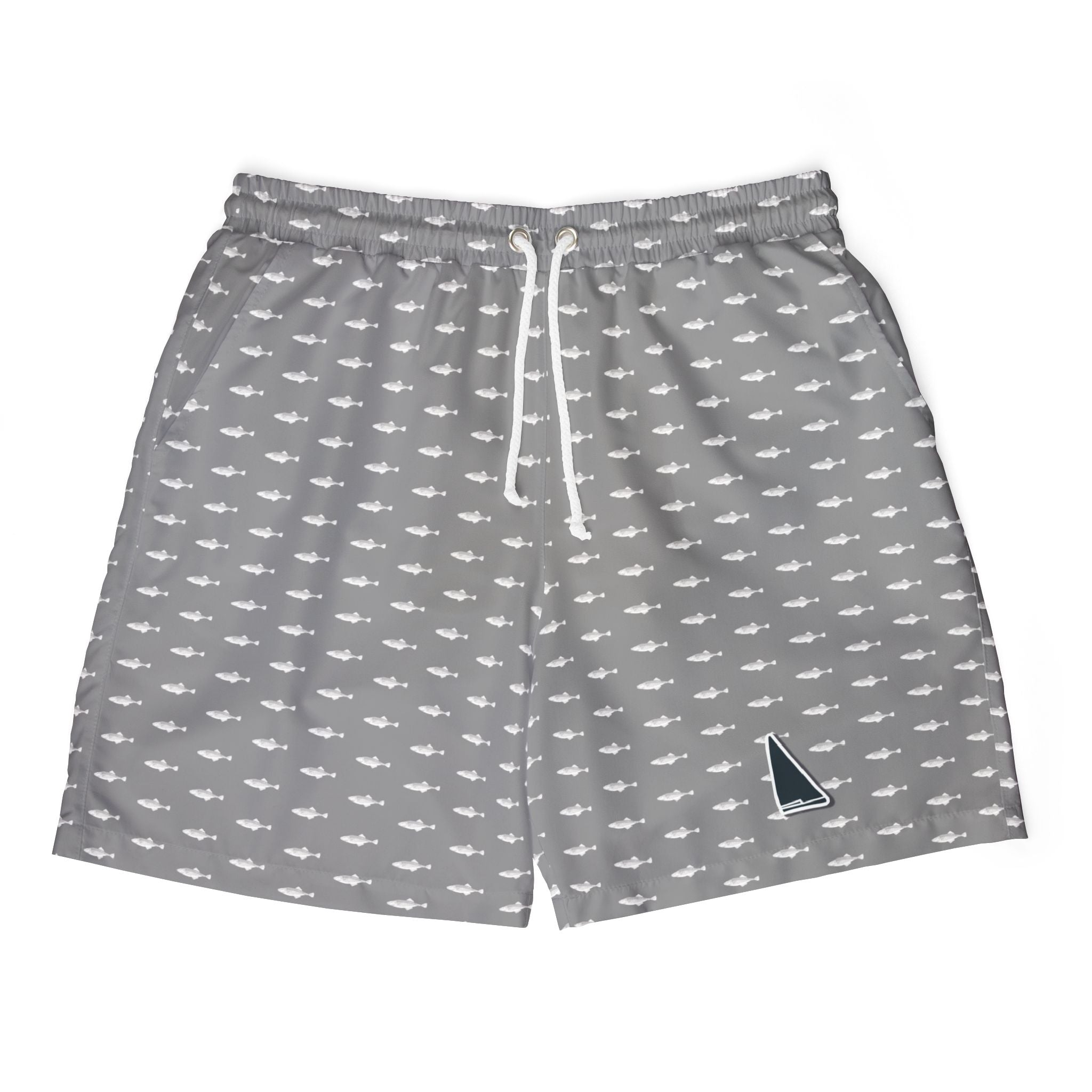 Nantucket Island Nautical Jaws Mens Swim Shorts, with Pockets. Nantucketcloth Shark Grey