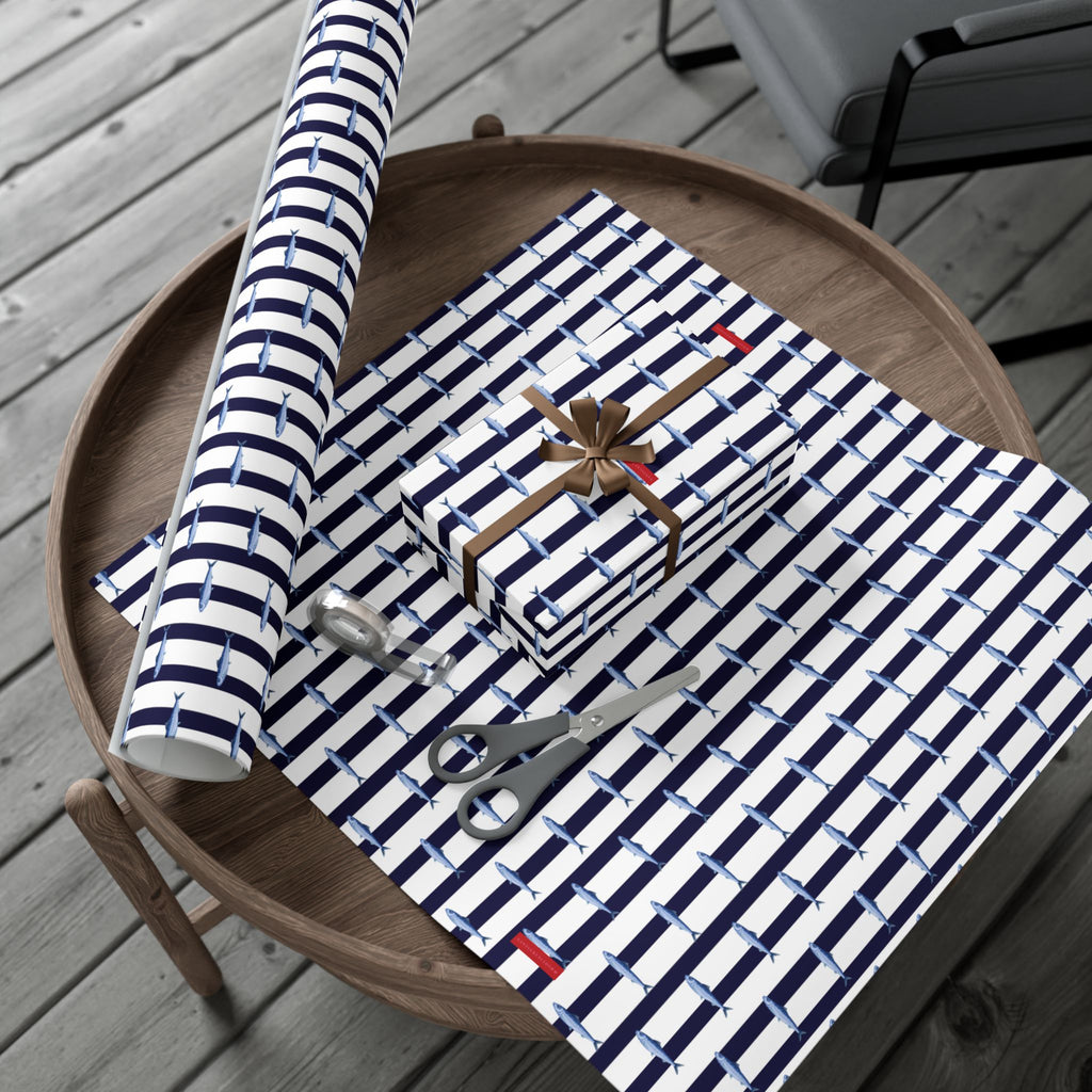 Nantucket Stroll Nantucketcloth Christmas Holiday Oceanblue white stripe with fish Gift Wrap Paper
