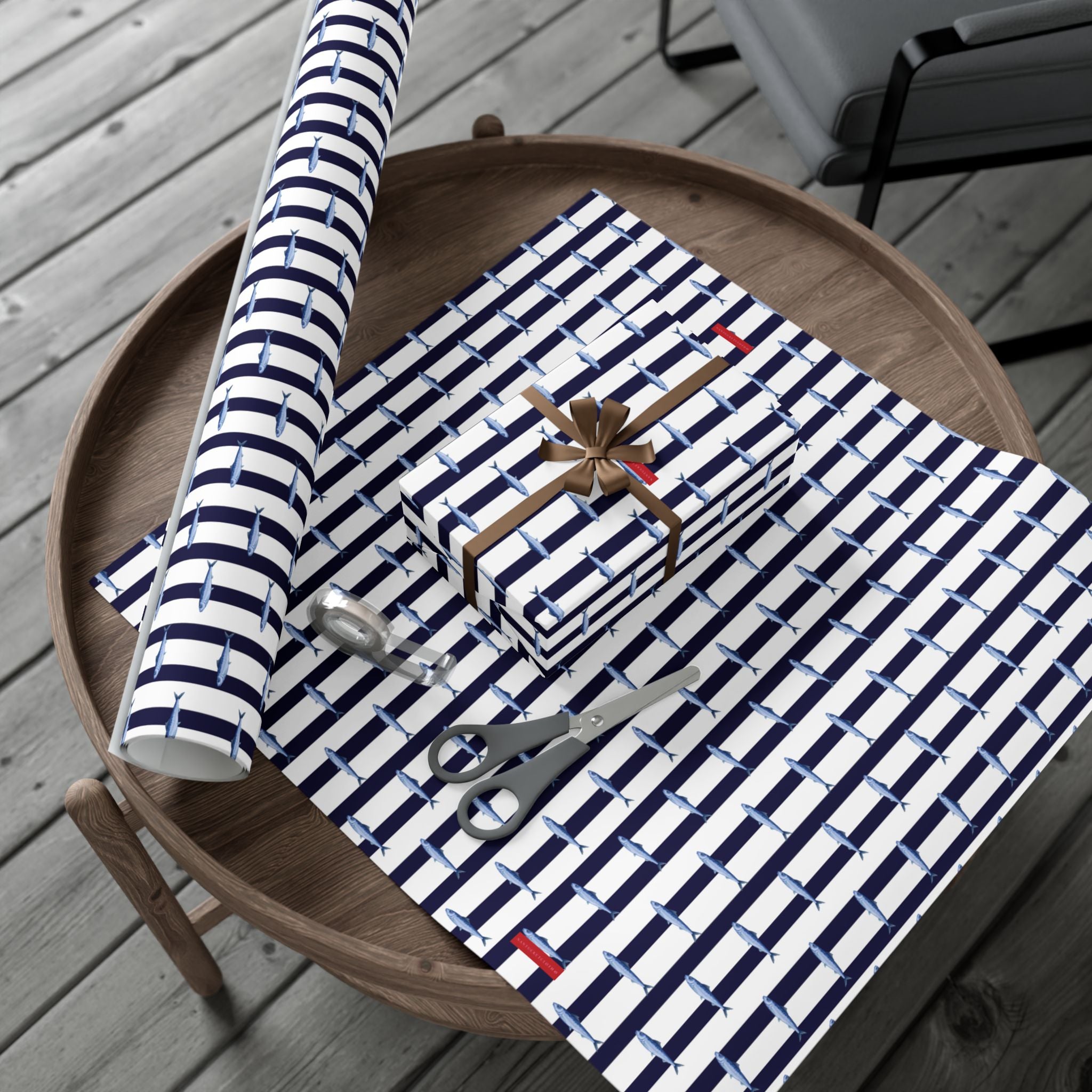 Nantucket Stroll Nantucketcloth Christmas Holiday Oceanblue white stripe with fish Gift Wrap Paper