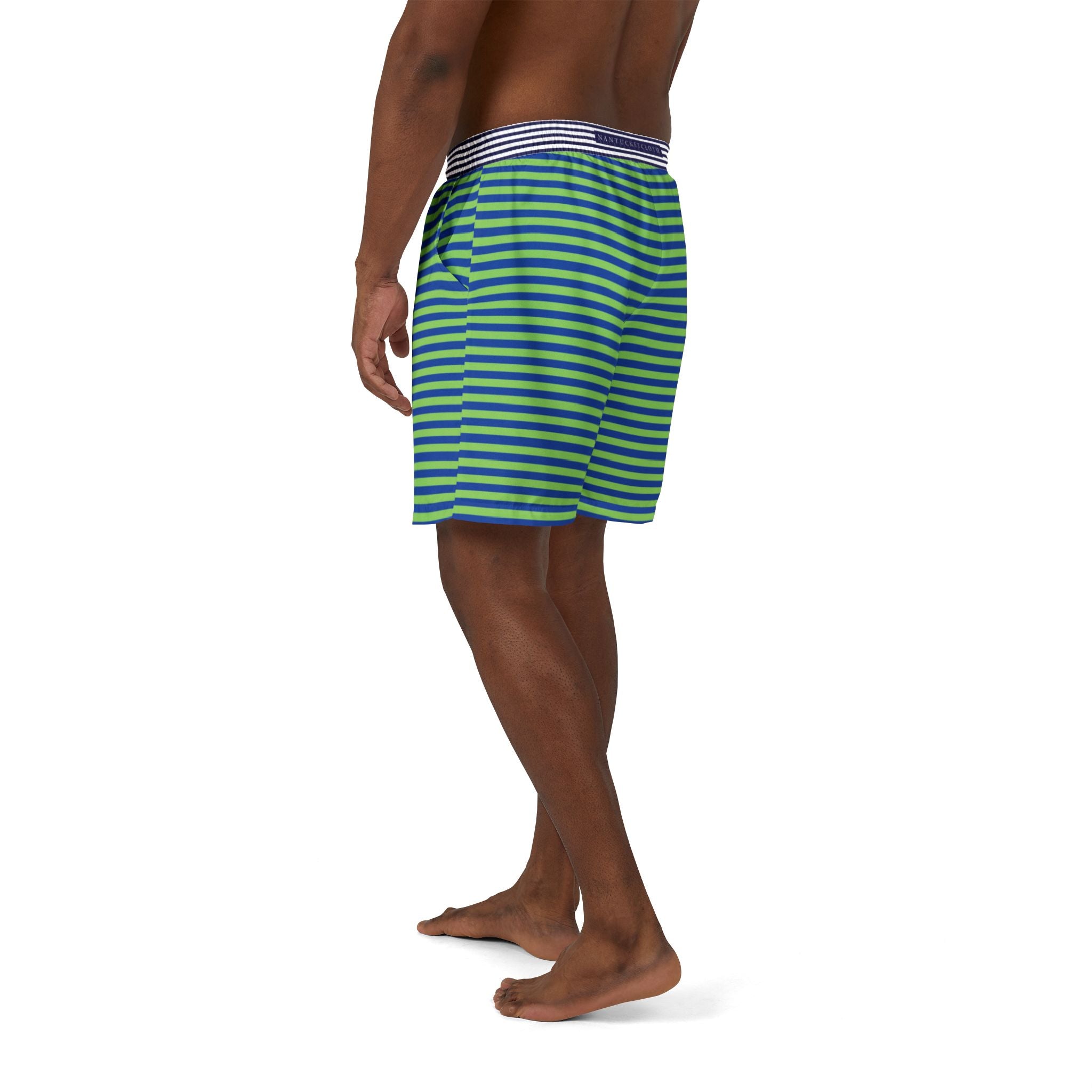 Nantucket Island Mens Swim Shorts. Nantucketcloth Green Nautical Stripe with blue and white stripe waist with. Pockets.