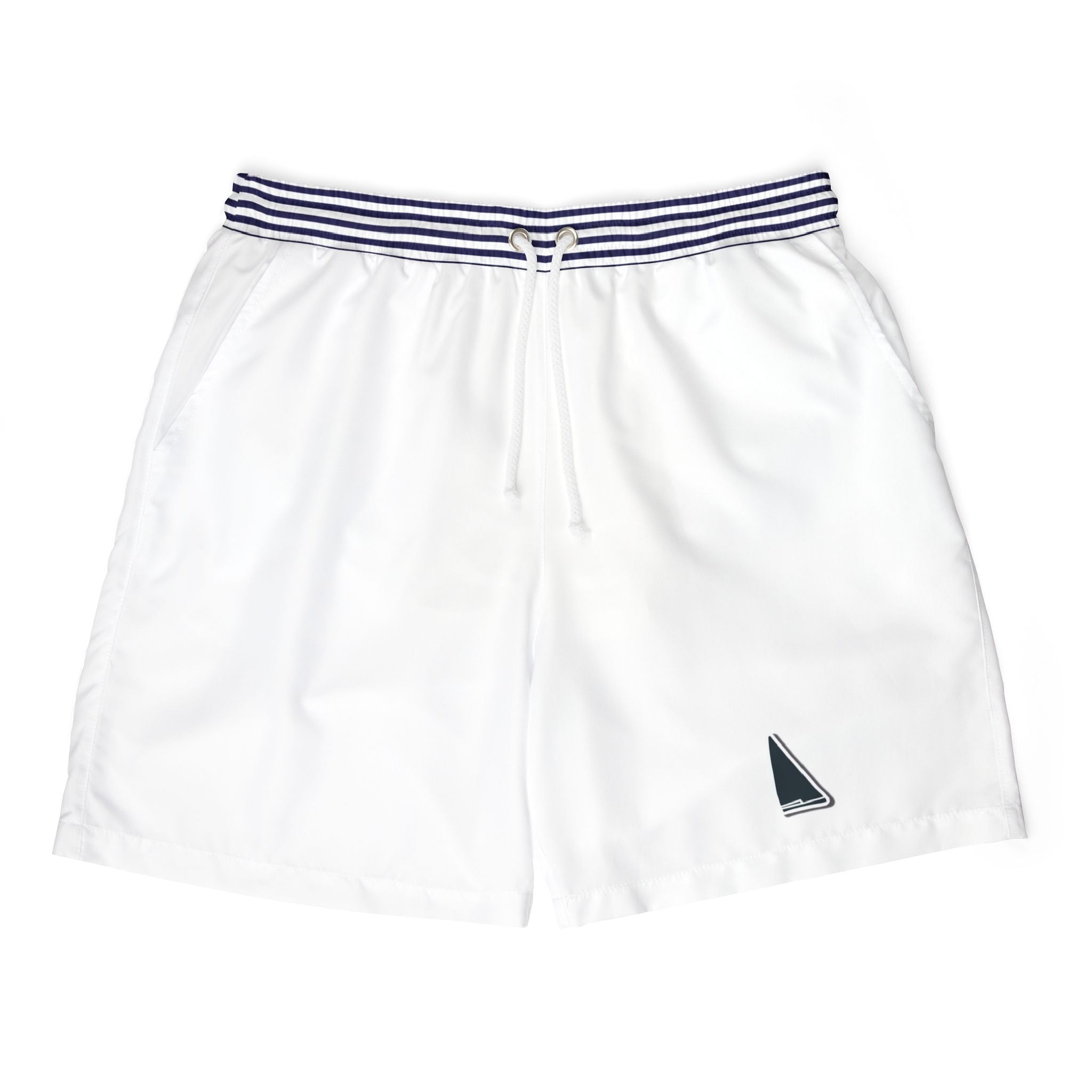 Nantucket Island Mens Swim Shorts. Nantucketcloth Navy Blue Nautical Stripped Belt on White with Pockets.