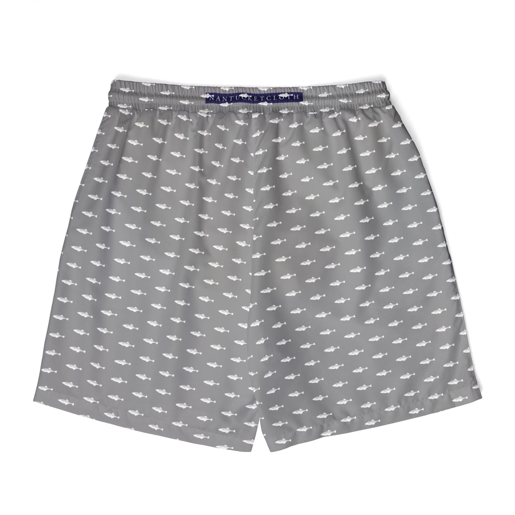 Nantucket Island Nautical Jaws Mens Swim Shorts, with Pockets. Nantucketcloth Shark Grey