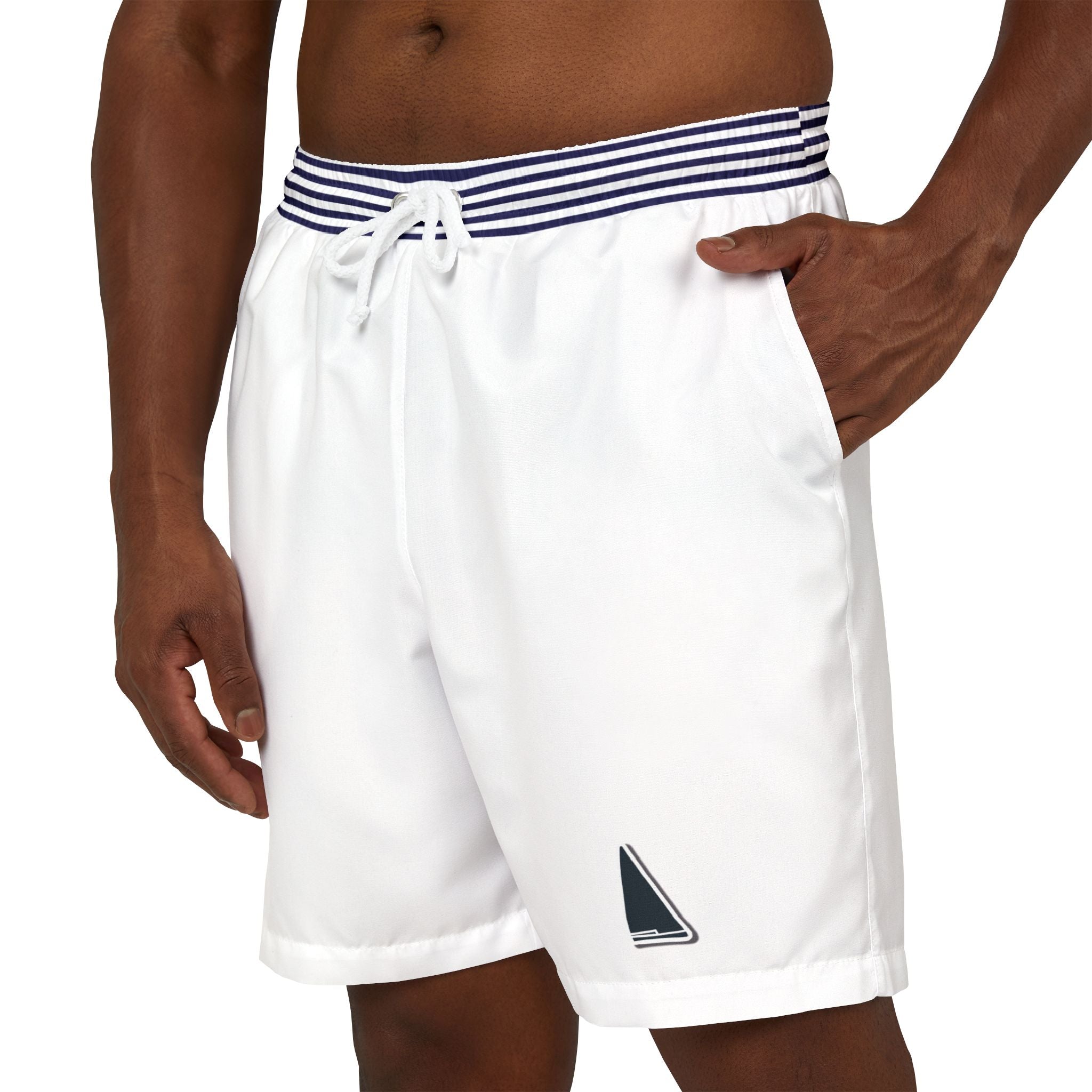 Nantucket Island Mens Swim Shorts. Nantucketcloth Navy Blue Nautical Stripped Belt on White with Pockets.