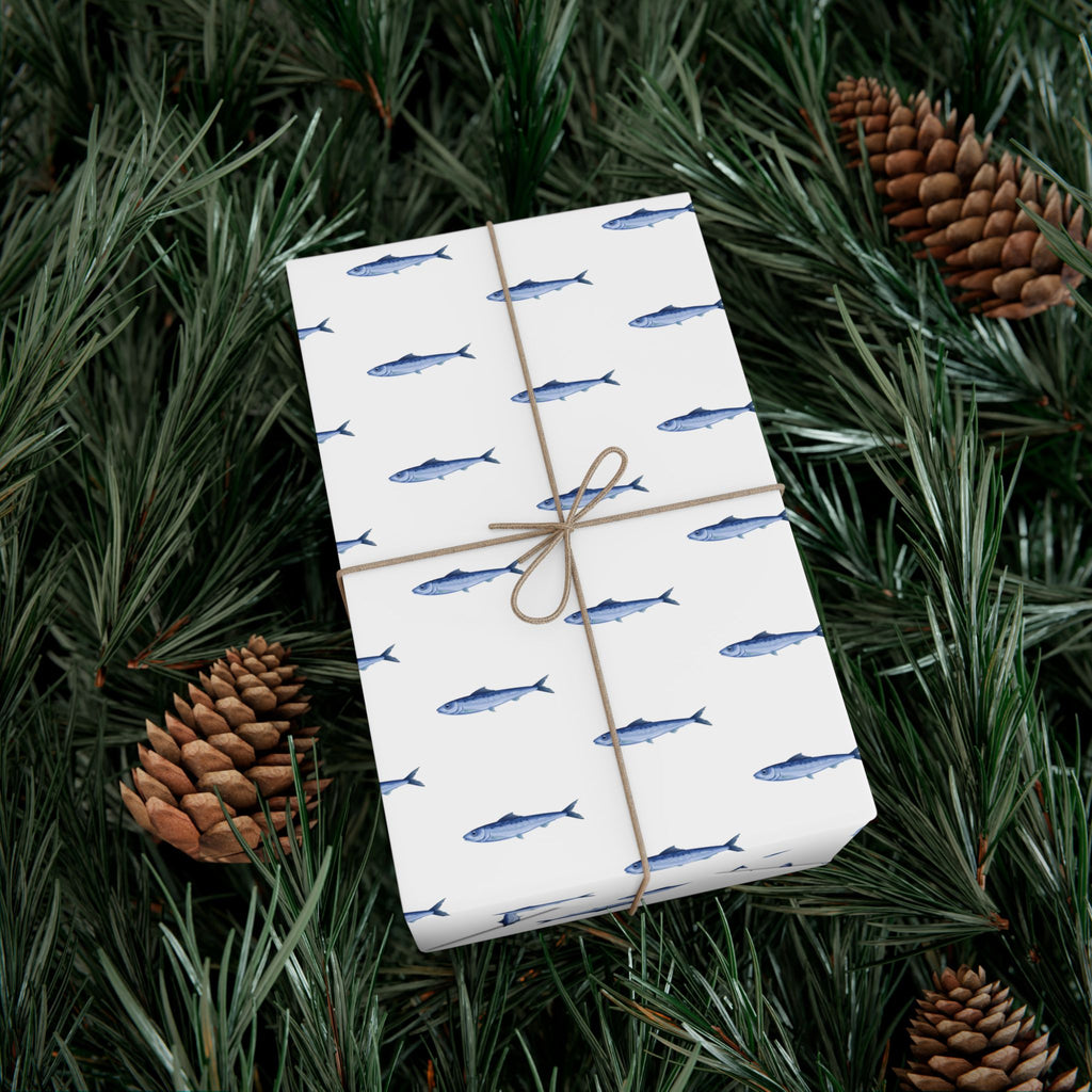 Nantucket Stroll Nantucketcloth Christmas Holiday Oceanblue white  with fish Gift Wrap Paper
