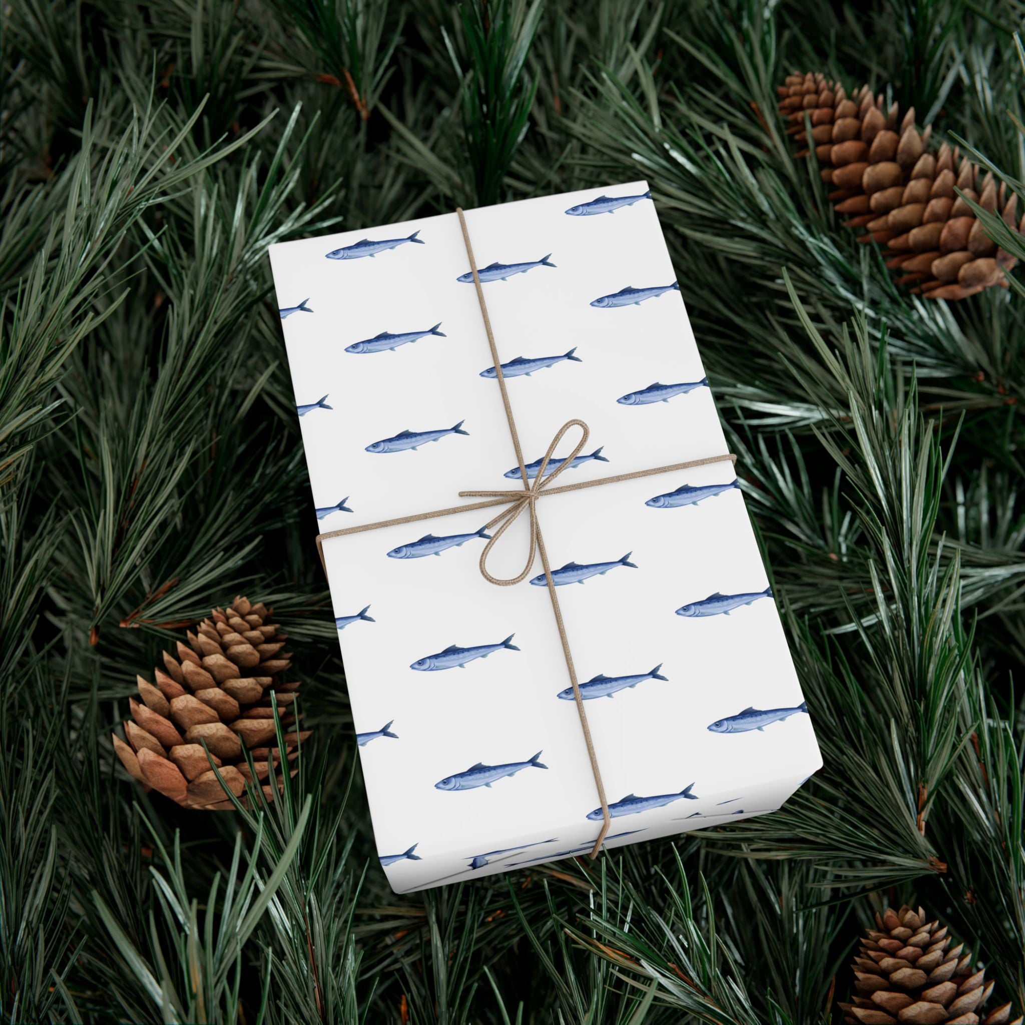 Nantucket Stroll Nantucketcloth Christmas Holiday Oceanblue white  with fish Gift Wrap Paper