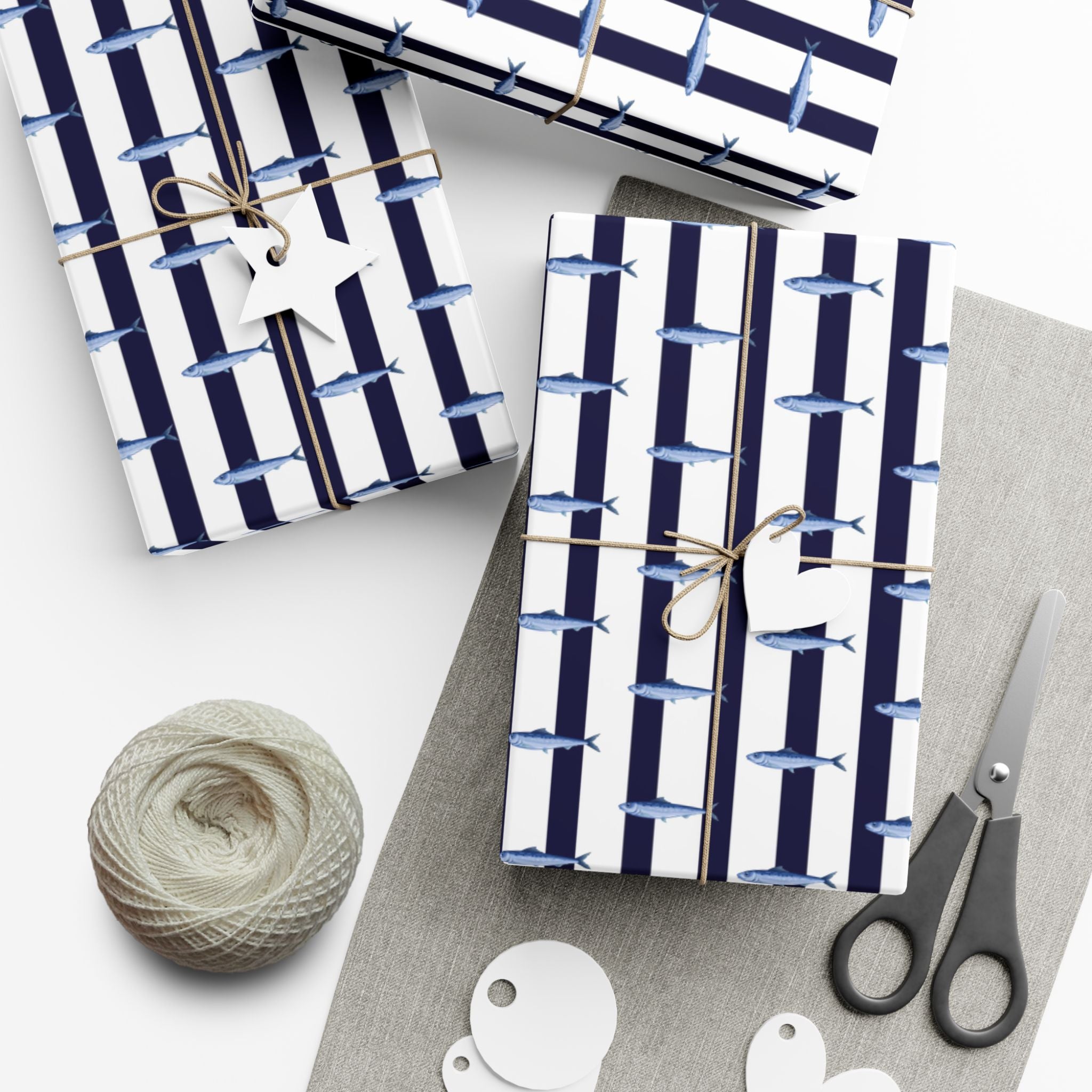 Nantucket Stroll Nantucketcloth Christmas Holiday Oceanblue white stripe with fish Gift Wrap Paper