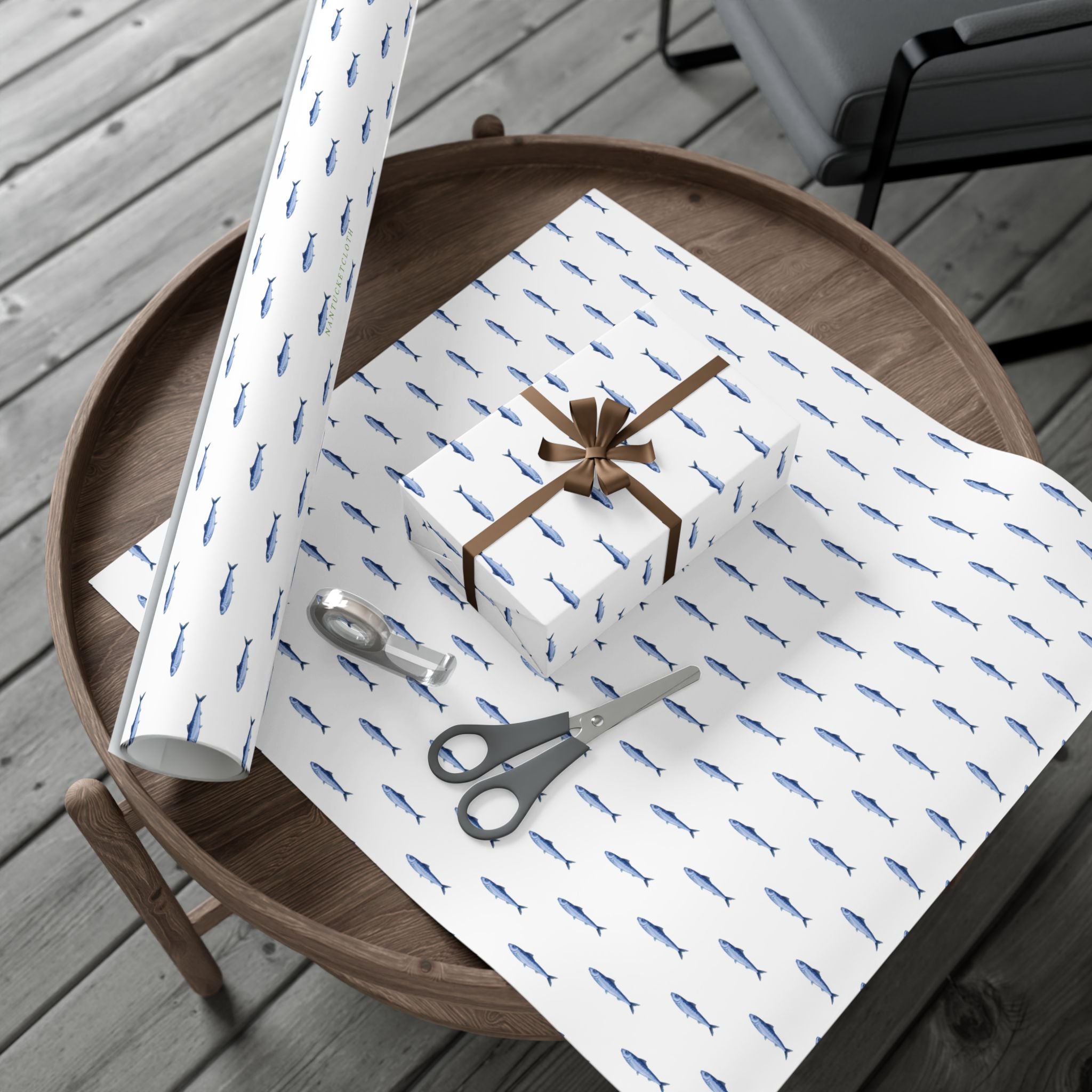 Nantucket Nantucketcloth Holiday Ocean blue white stripe with fish Gift Wrap Paper