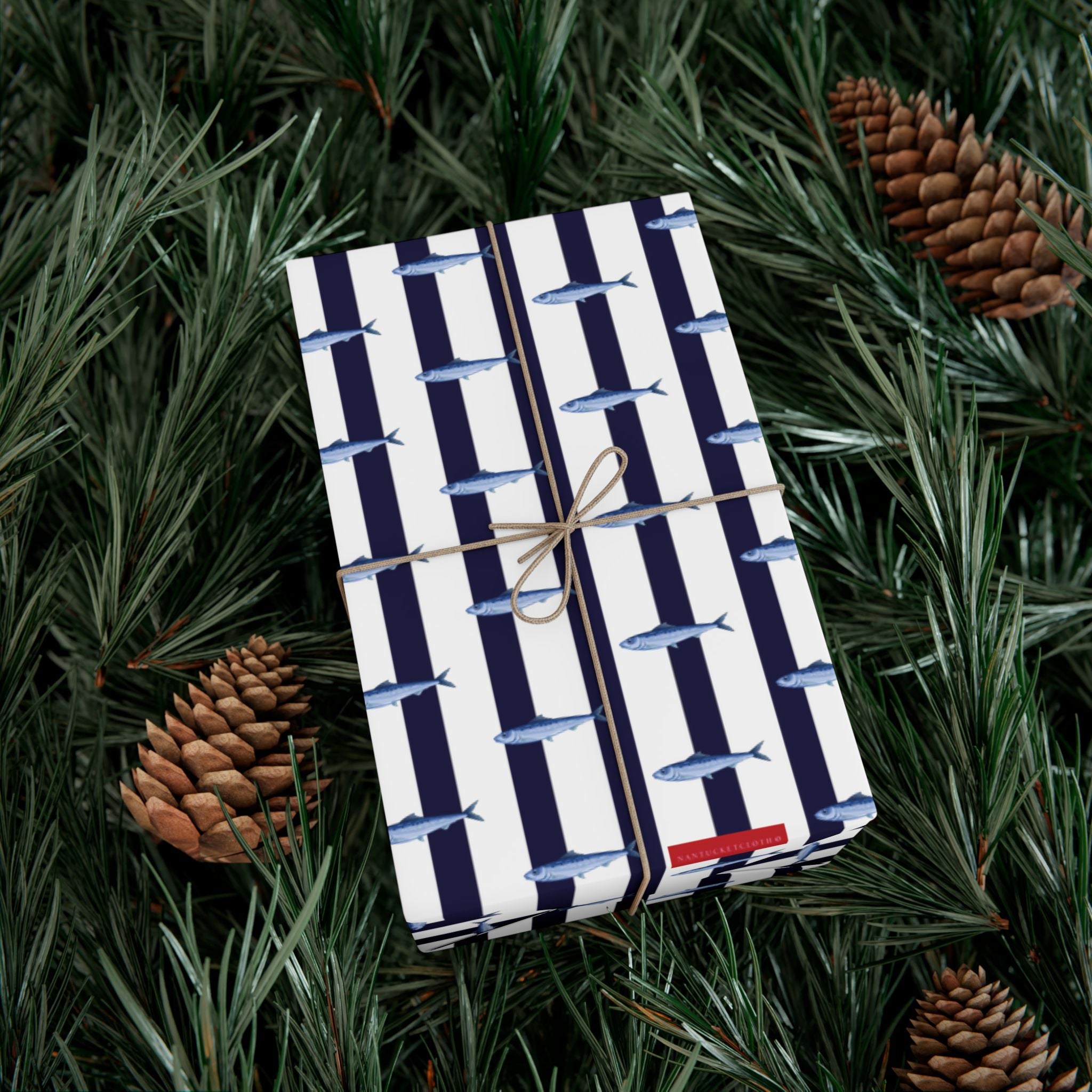 Nantucket Stroll Nantucketcloth Christmas Holiday Oceanblue white stripe with fish Gift Wrap Paper