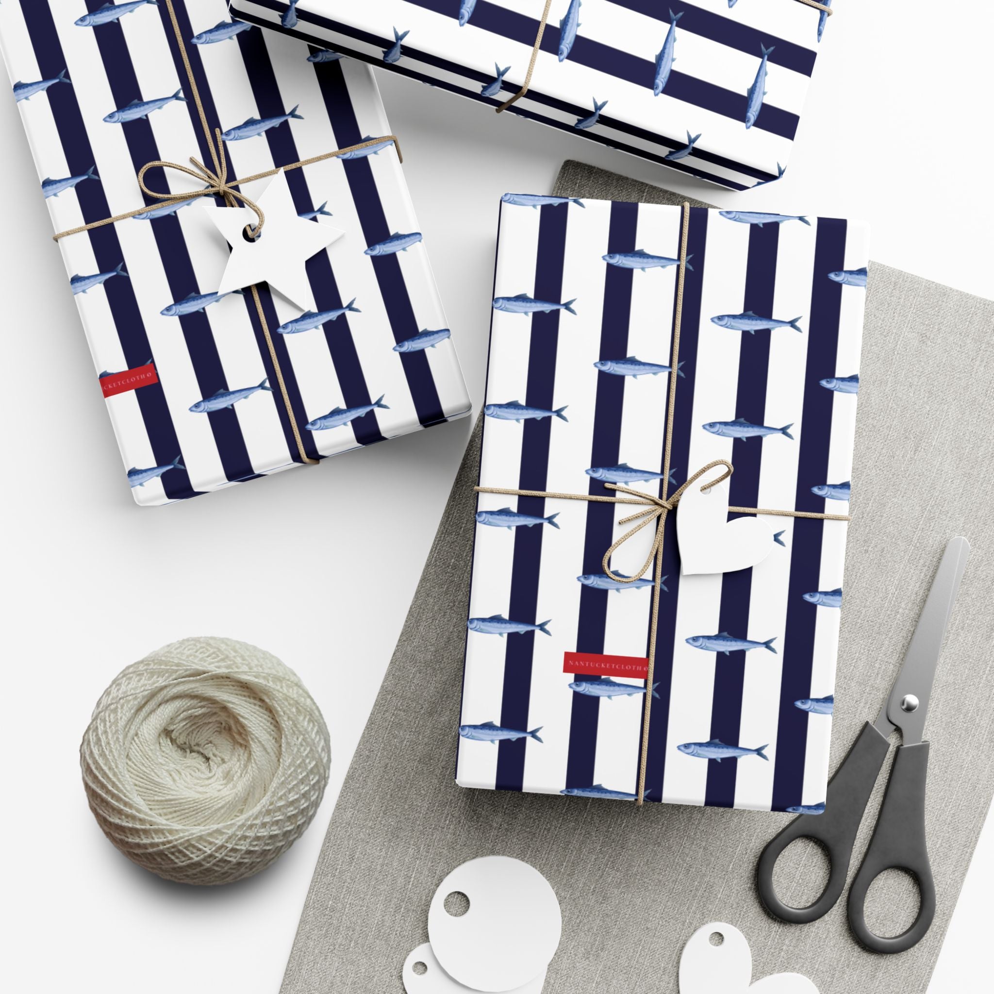 Nantucket Stroll Nantucketcloth Christmas Holiday Oceanblue white stripe with fish Gift Wrap Paper