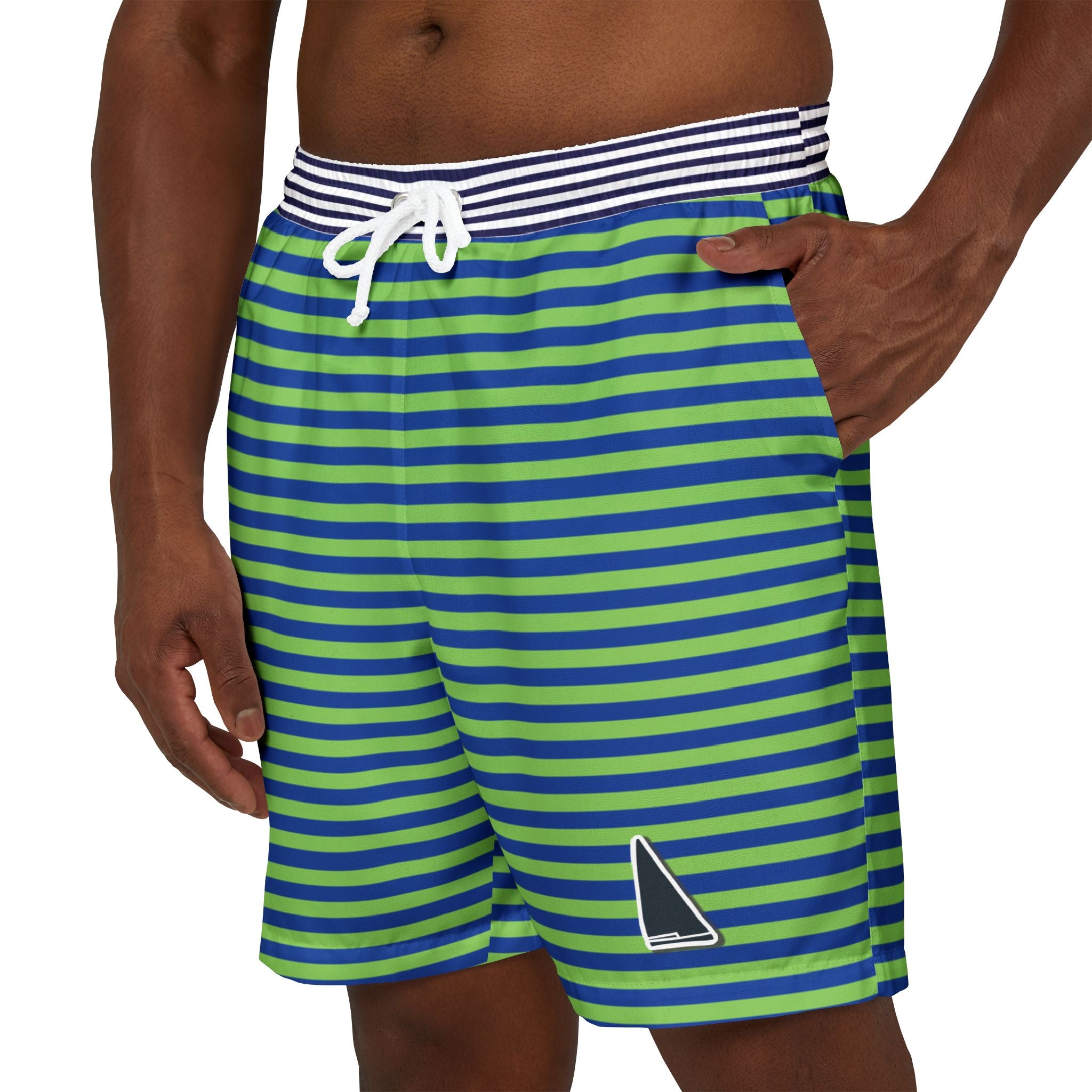 Nantucket Island Mens Swim Shorts. Nantucketcloth Green Nautical Stripe with blue and white stripe waist with. Pockets.