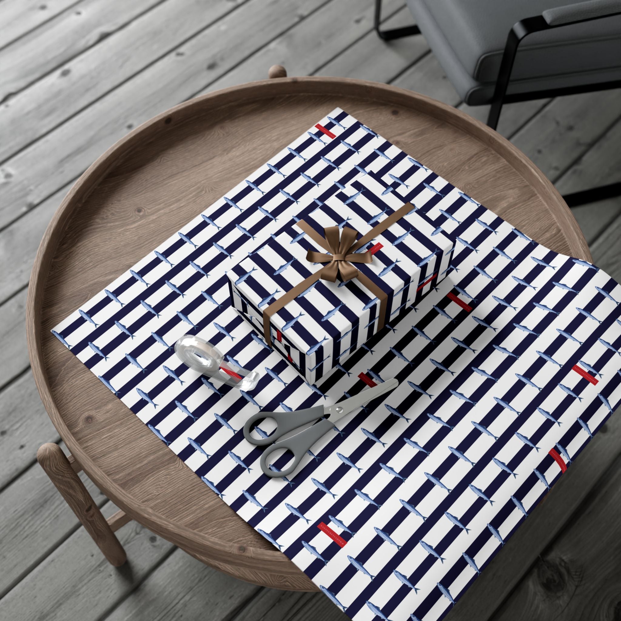 Nantucket Stroll Nantucketcloth Christmas Holiday Oceanblue white stripe with fish Gift Wrap Paper
