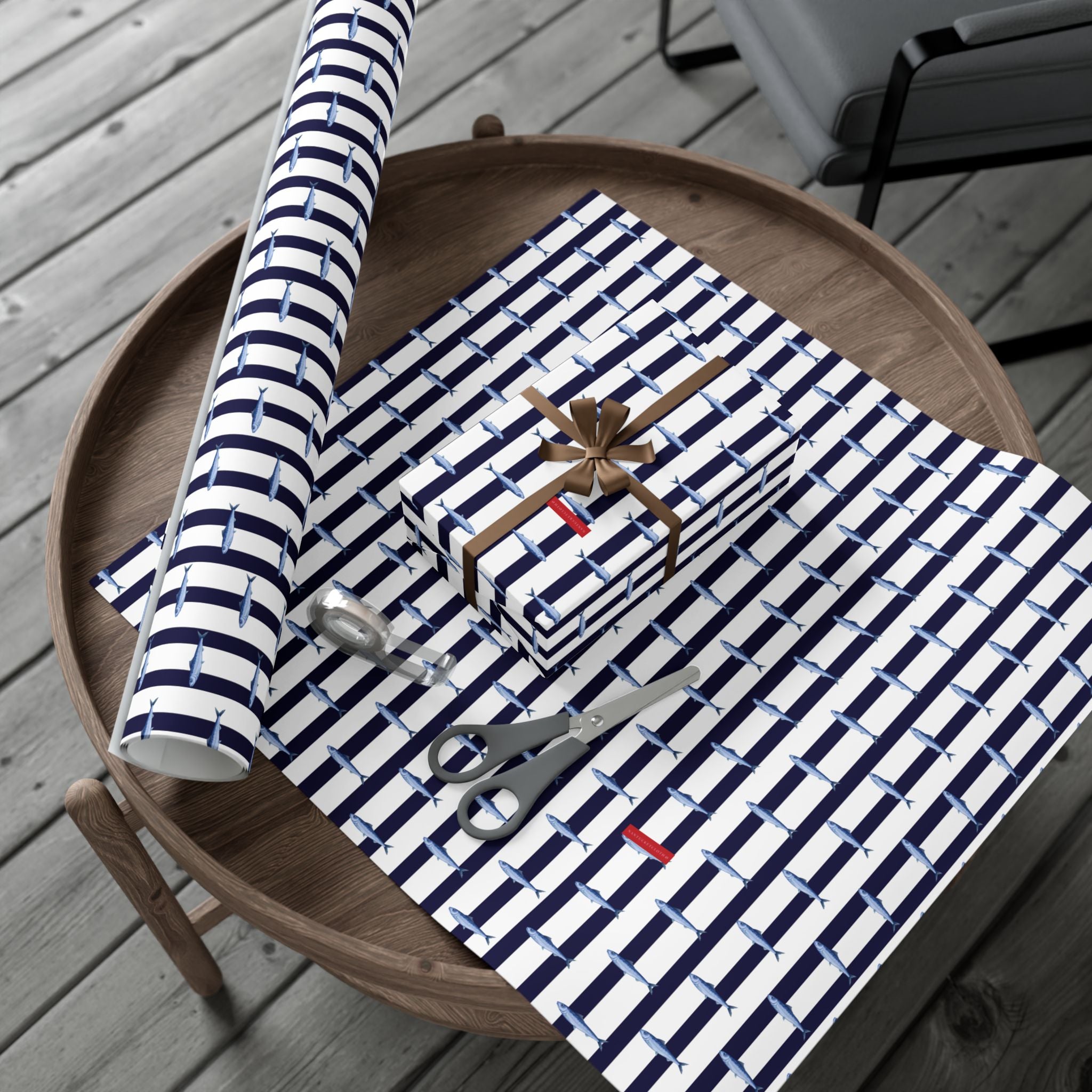 Nantucket Stroll Nantucketcloth Christmas Holiday Oceanblue white stripe with fish Gift Wrap Paper