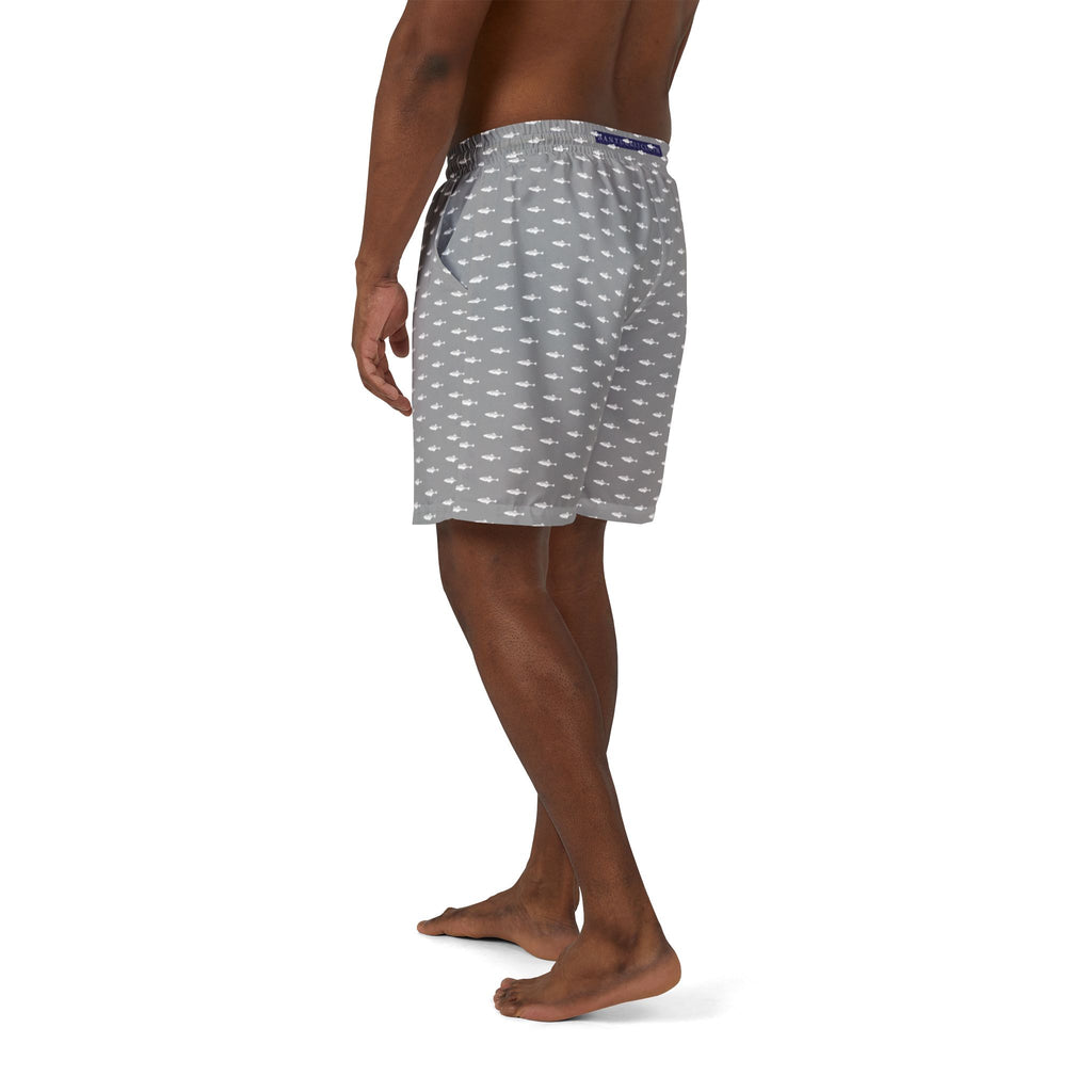 Nantucket Island Nautical Jaws Mens Swim Shorts, with Pockets. Nantucketcloth Shark Grey
