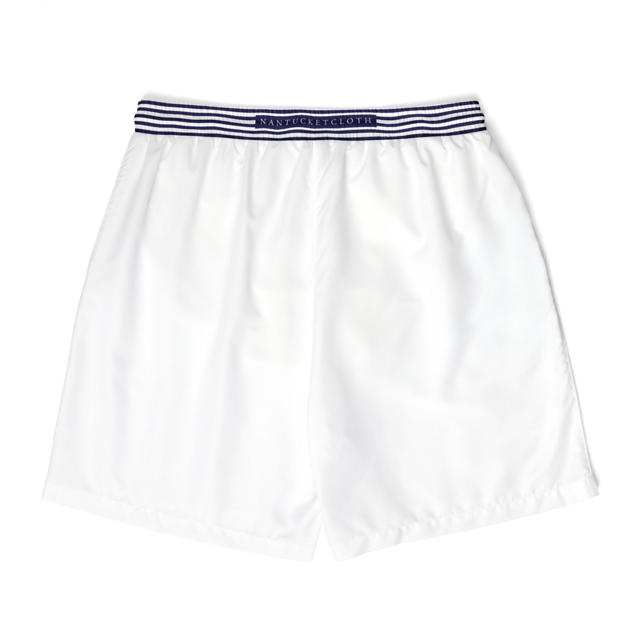 Nantucket Island Mens Swim Shorts. Nantucketcloth Navy Blue Nautical Stripped Belt on White with Pockets.