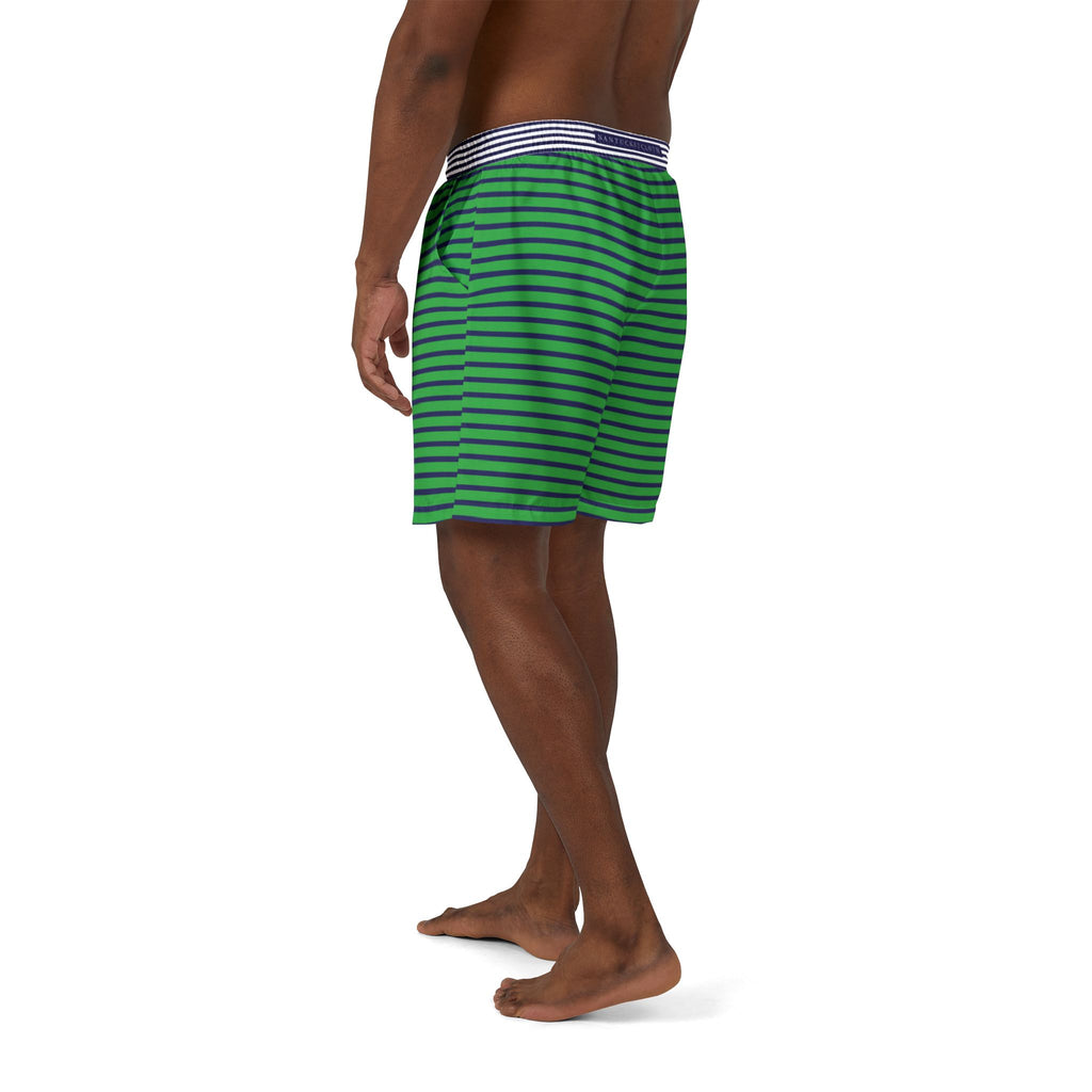 Nantucket Island Mens Swim Shorts. Nantucketcloth Navy Blue and Green Stripped with Pockets.