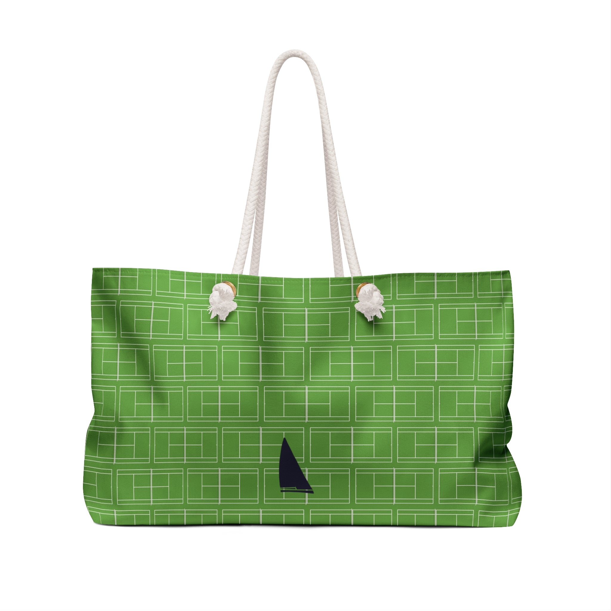 Green tote bag with white rope handles on a white background