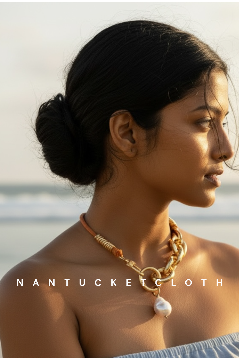 Nantucket_Jewelry_Gold_links_and_orange_Beach_to_Dinner_Necklace_with_Fun_large_Pearl_Charm._One_of_A_Kind..Nantucketcloth jewelry 