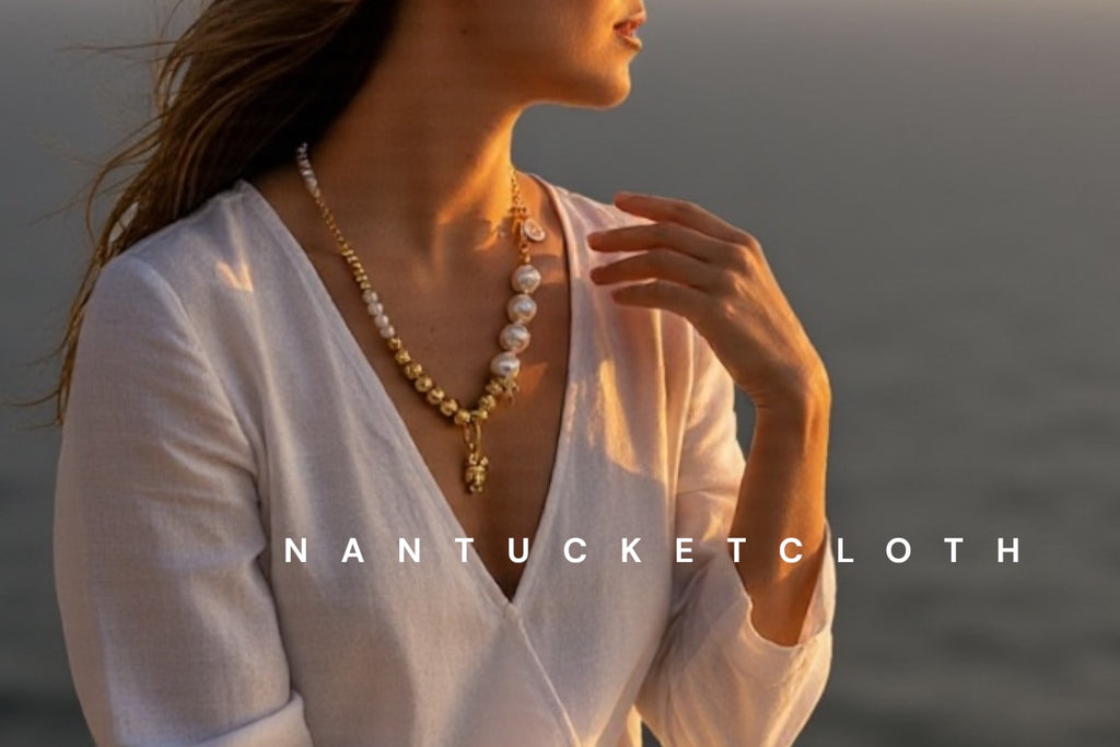 Nantucket Jewelry Nantucketcloth Ocean Pearl and Gold Beach to Dinner Necklace with Gold Lobster Charm. One of A Kind.