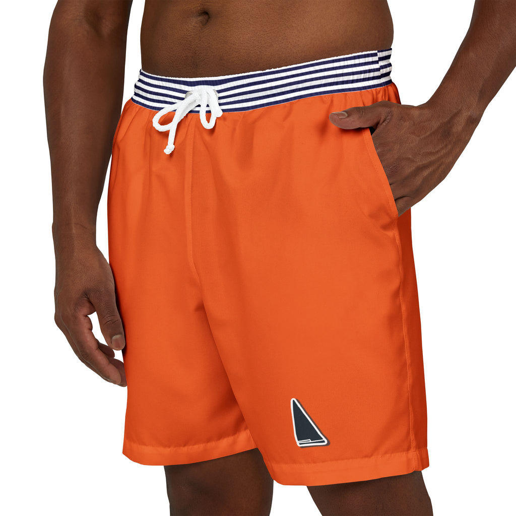 Nantucket  Mens Swim Shorts. Nantucketcloth Orange Nautical Stripped Belt  with Pockets. front