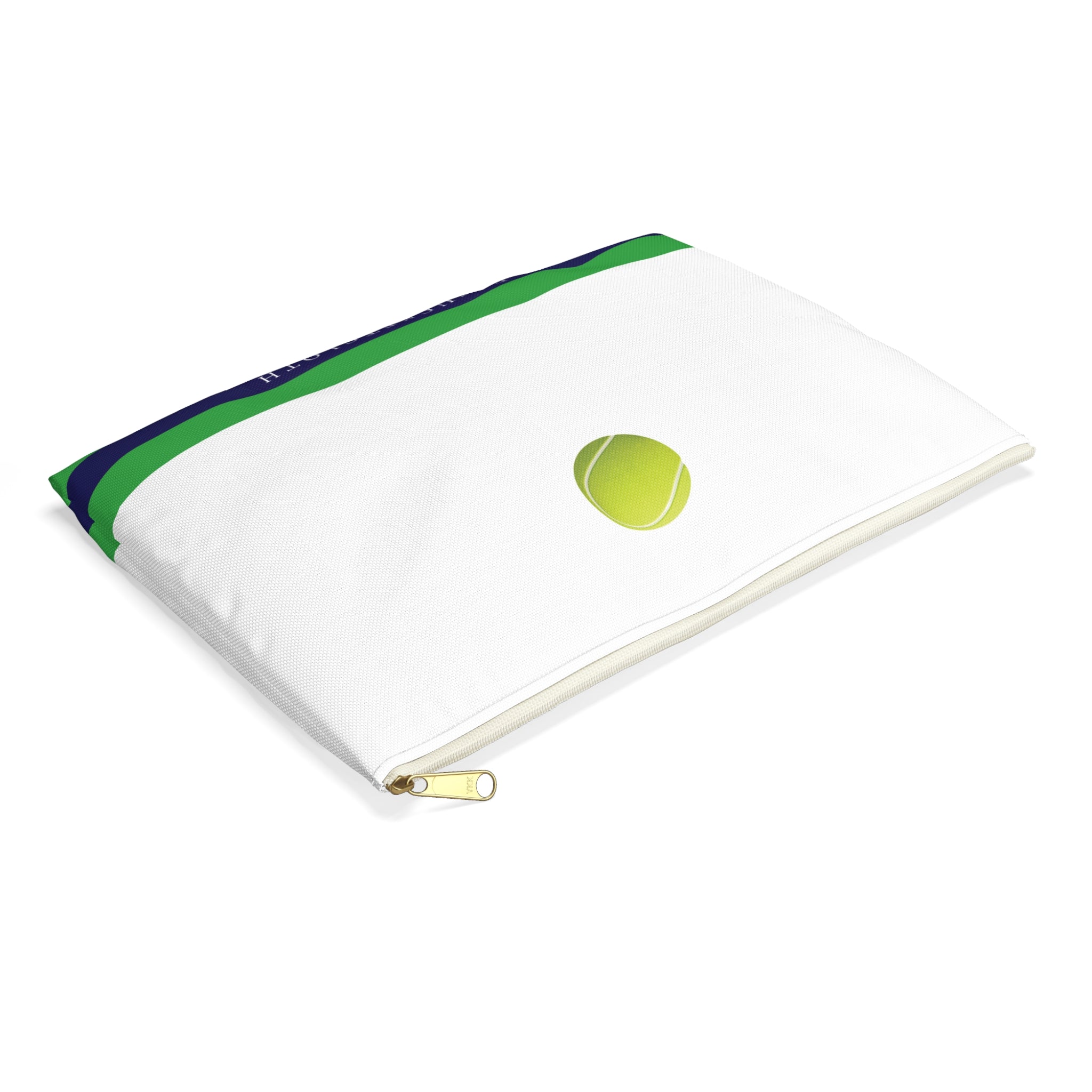 White pouch with green and purple accents and a tennis ball design on a white background