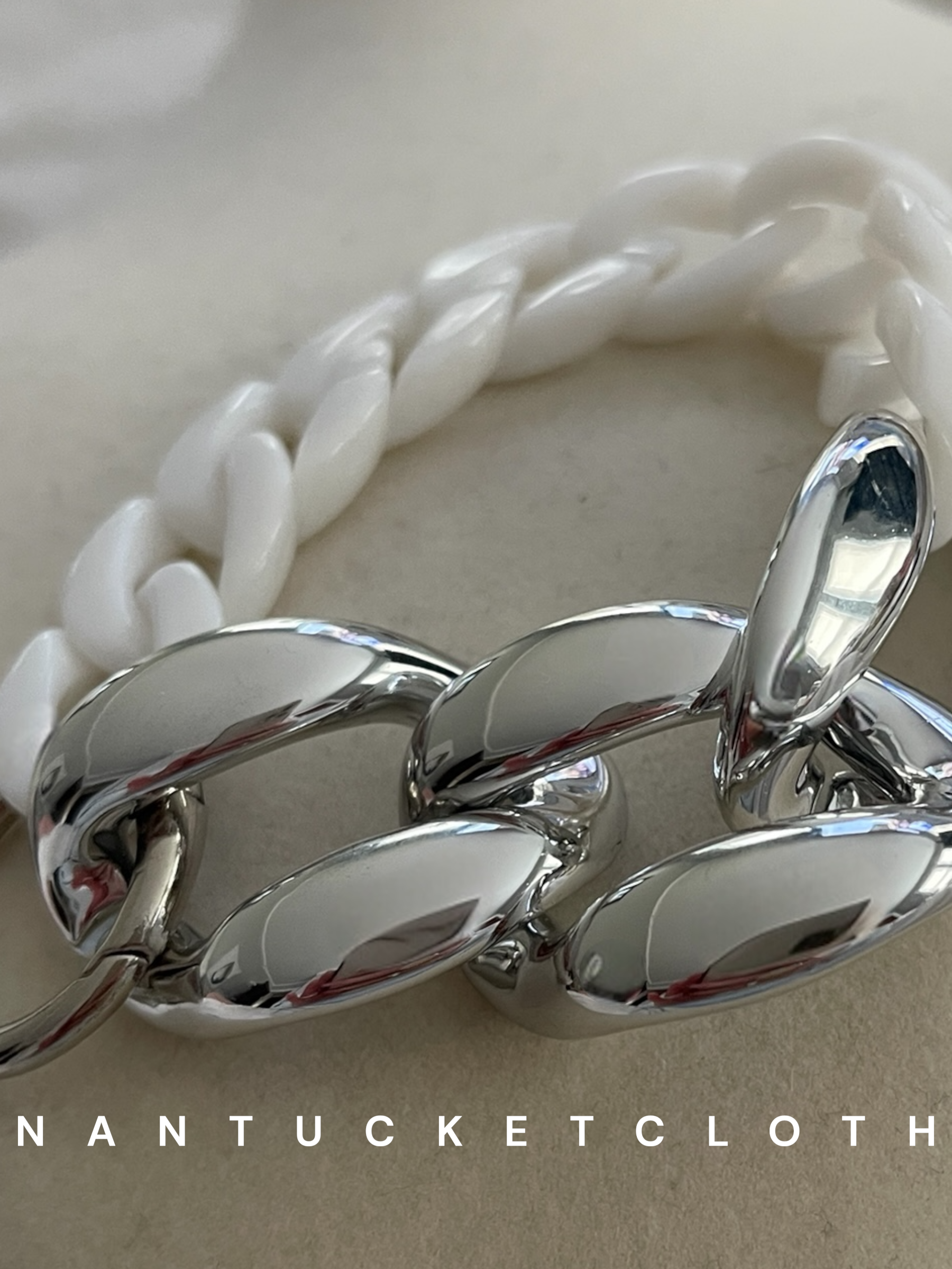 Nantucket bracelet. Metal, Silver Acrylic and white boat rope Nantucketcloth Sailing Jewelry. Newport style MV