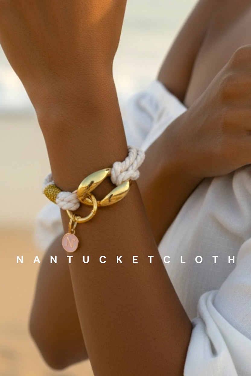 Nantucket_bracelet._Metal_gold_acrylic_and_white_boat_rope_Nantucketcloth_Sailing_Jewelry._All_sales_are_final.
