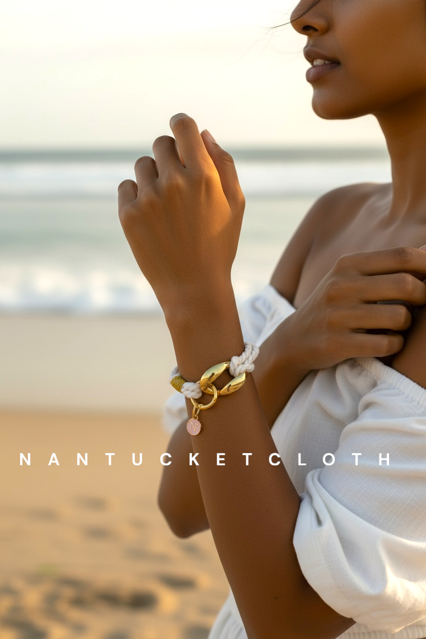 Nantucket_bracelet._Metal_gold_acrylic_and_white_boat_rope_Nantucketcloth_Sailing_Jewelry._All_sales_are_final. Boating