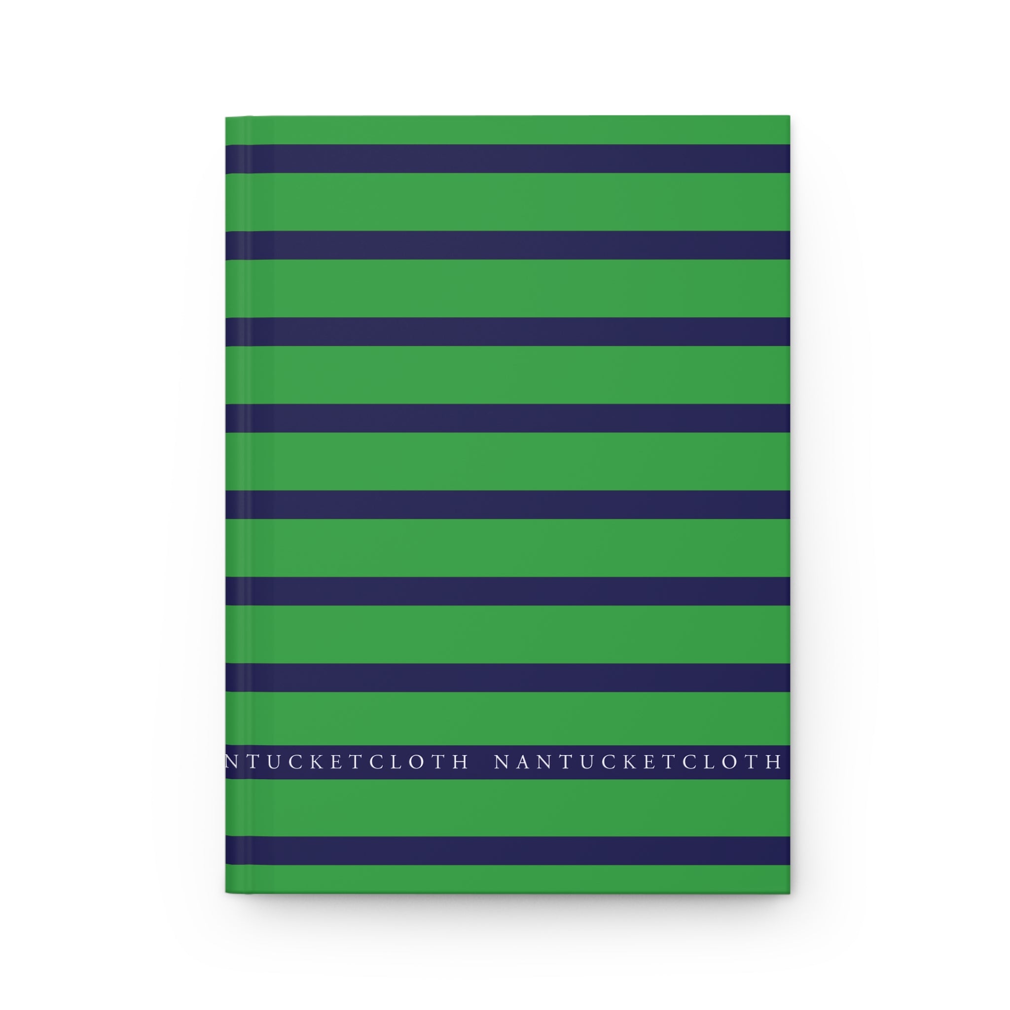 Notebook with green and navy striped cover on a white background