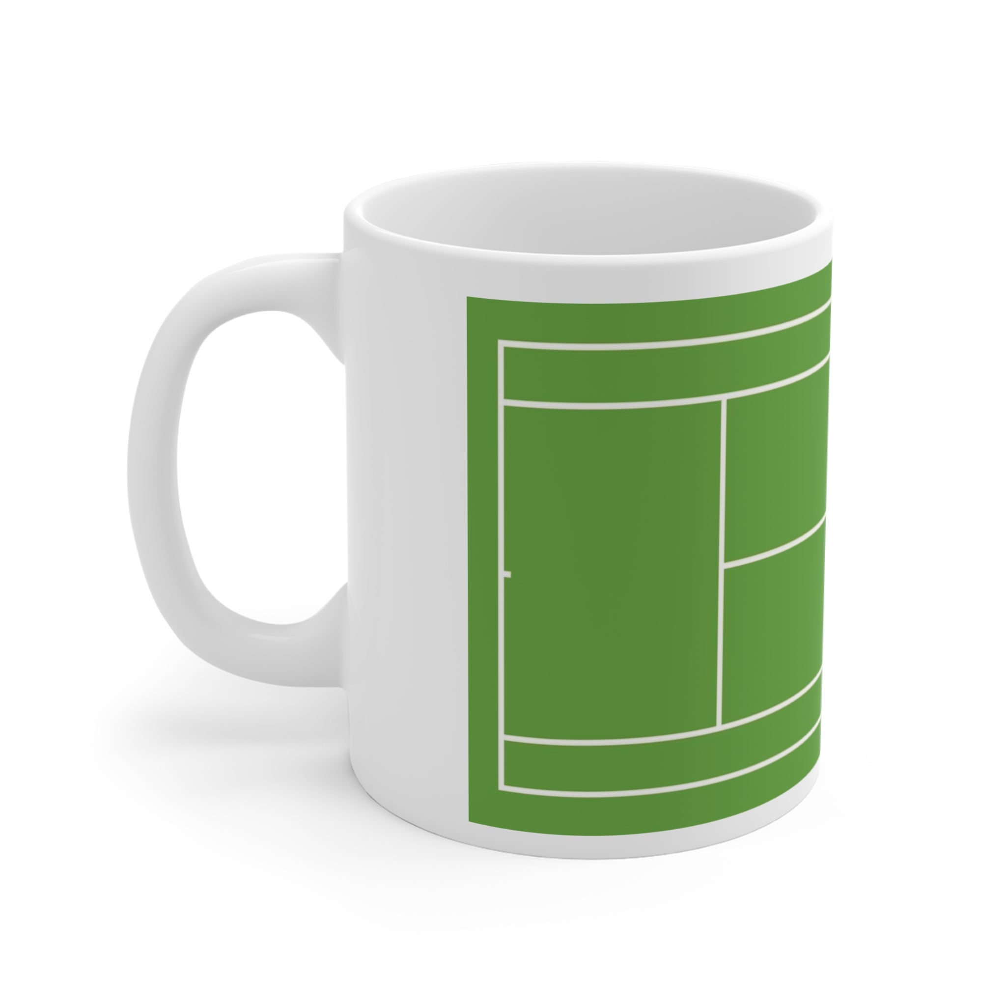 White mug with a green tennis court design on a white background