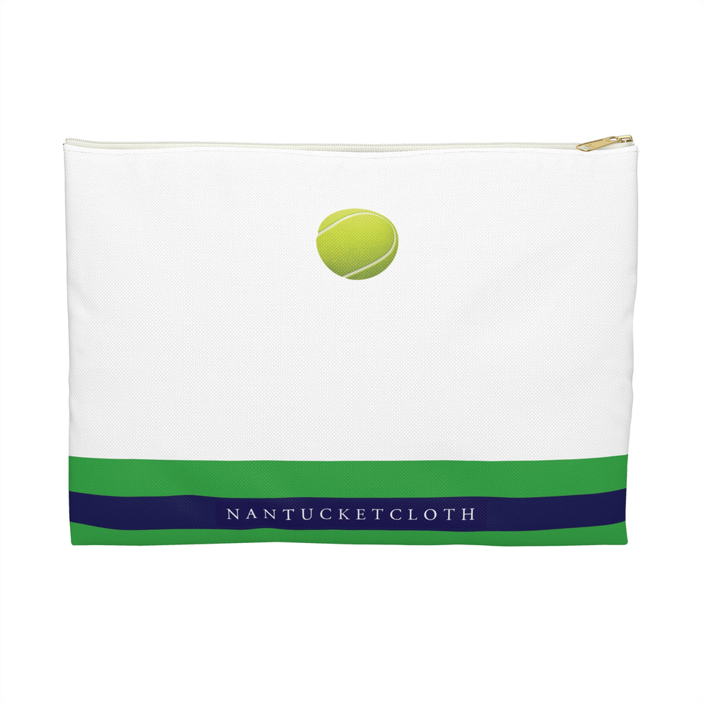 White pouch with green stripe featuring a tennis ball and 'Nantucket Cloth' branding on a white background