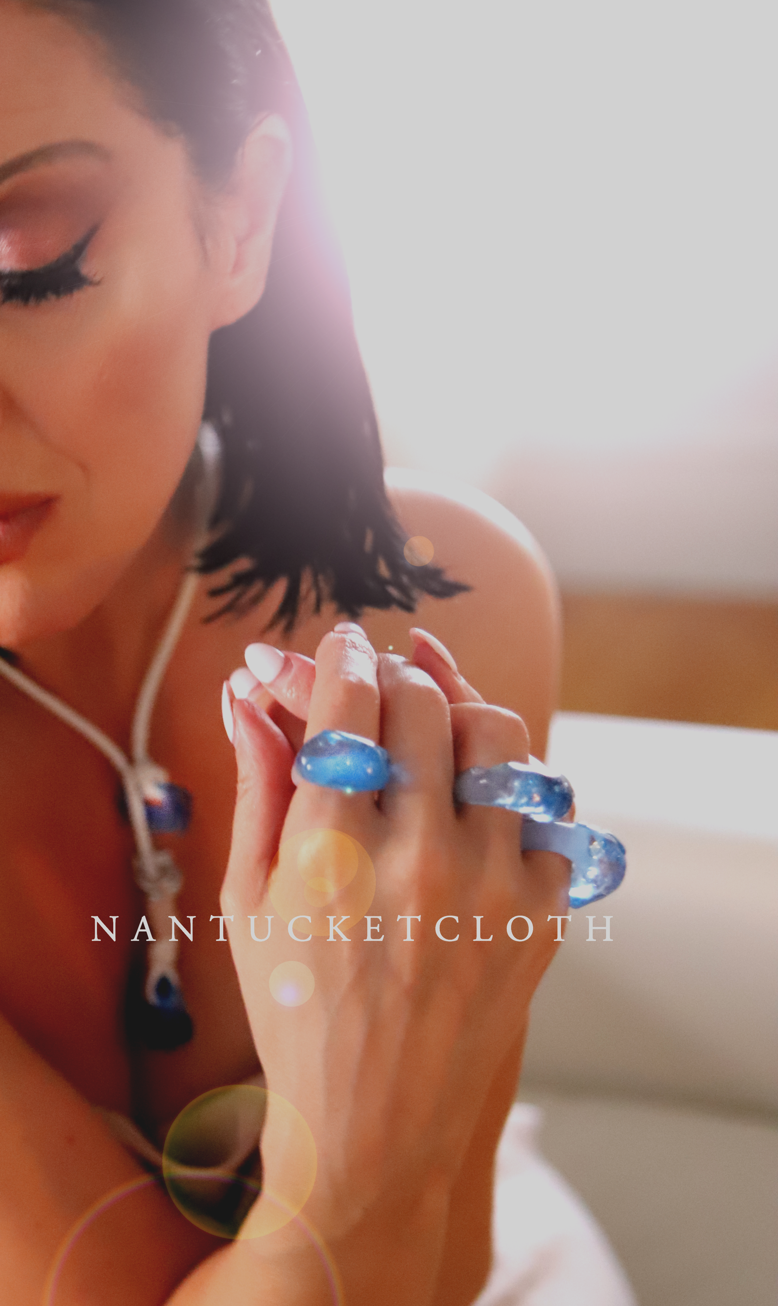 Newport Rhode Island Nantucketcloth White Nautical Rope With Hand Crafted Metal Rings Highlighting Blue Newport Ocean Water Rings Pendant Necklace.
