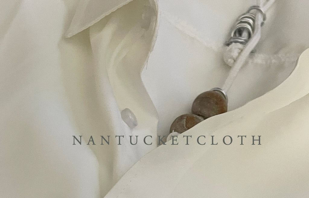 Newport Rhode Island Nantucketcloth White Nautical Rope With Hand Crafted Metal Rings Highlighting Beach wood crafted beads with a clip front Necklace.