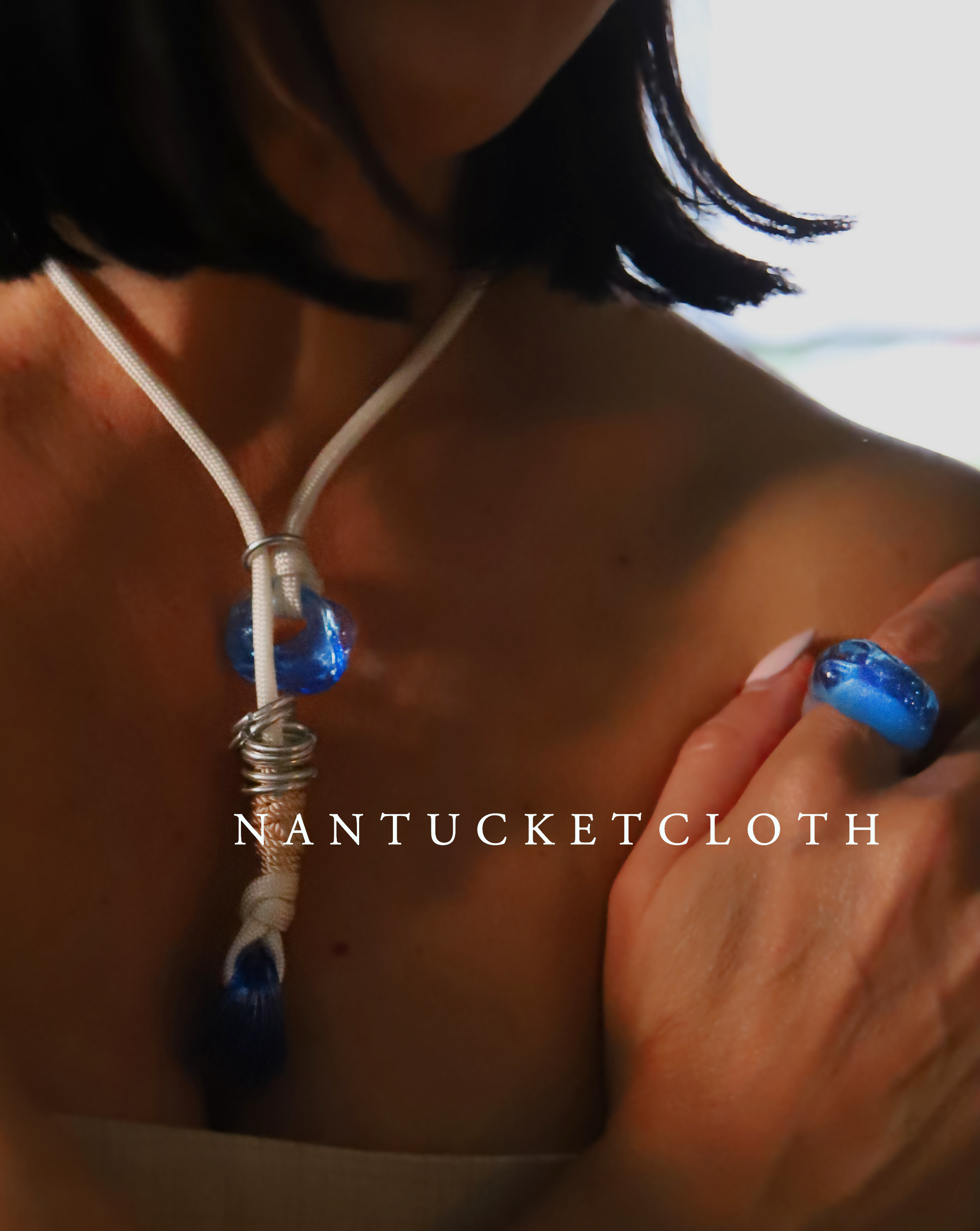 Newport Rhode Island Nantucketcloth White Nautical Rope With Hand Crafted Metal Rings Highlighting Blue Newport Ocean Water Rings Pendant Necklace.